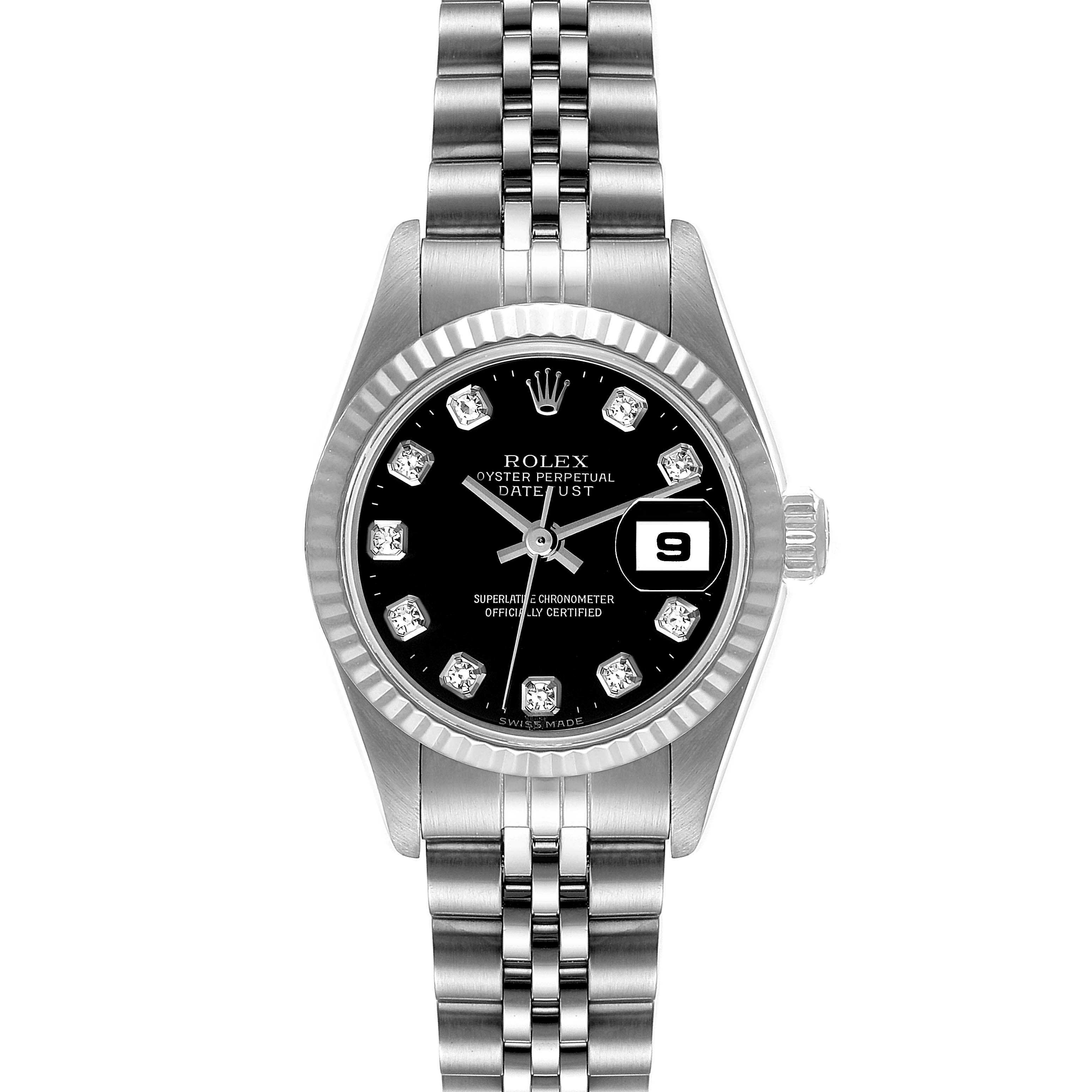 The image shows a front view of the Rolex Datejust 79174 Women's Stainless Steel Black Dial 79174 Women's Stainless Steel Black Dial watch with a black dial and diamond hour markers.