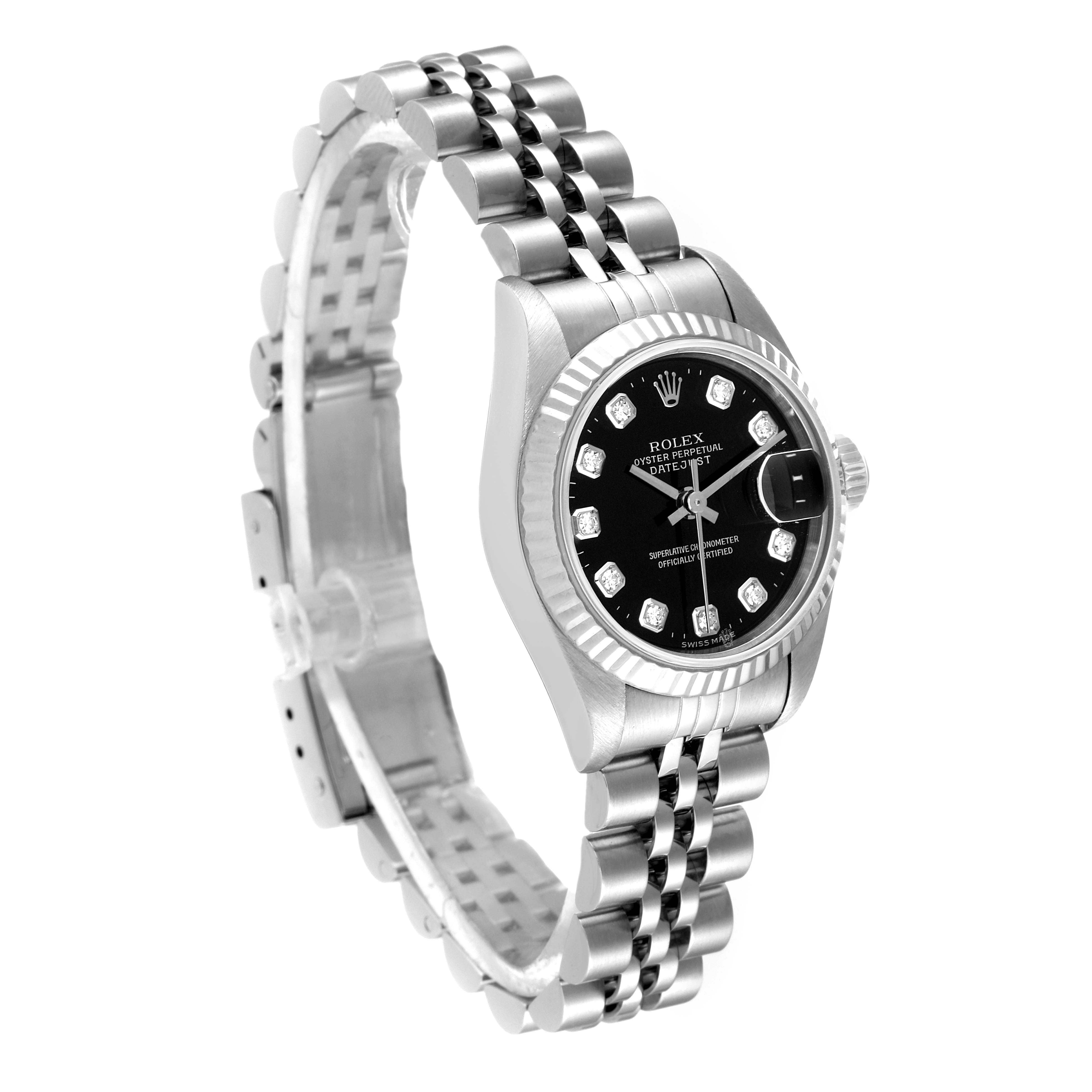 The image shows a Rolex Datejust 79174 Women's Stainless Steel Black Dial 79174 Women's Stainless Steel Black Dial with a black dial, diamond markers, and Jubilee bracelet from an angled side view.