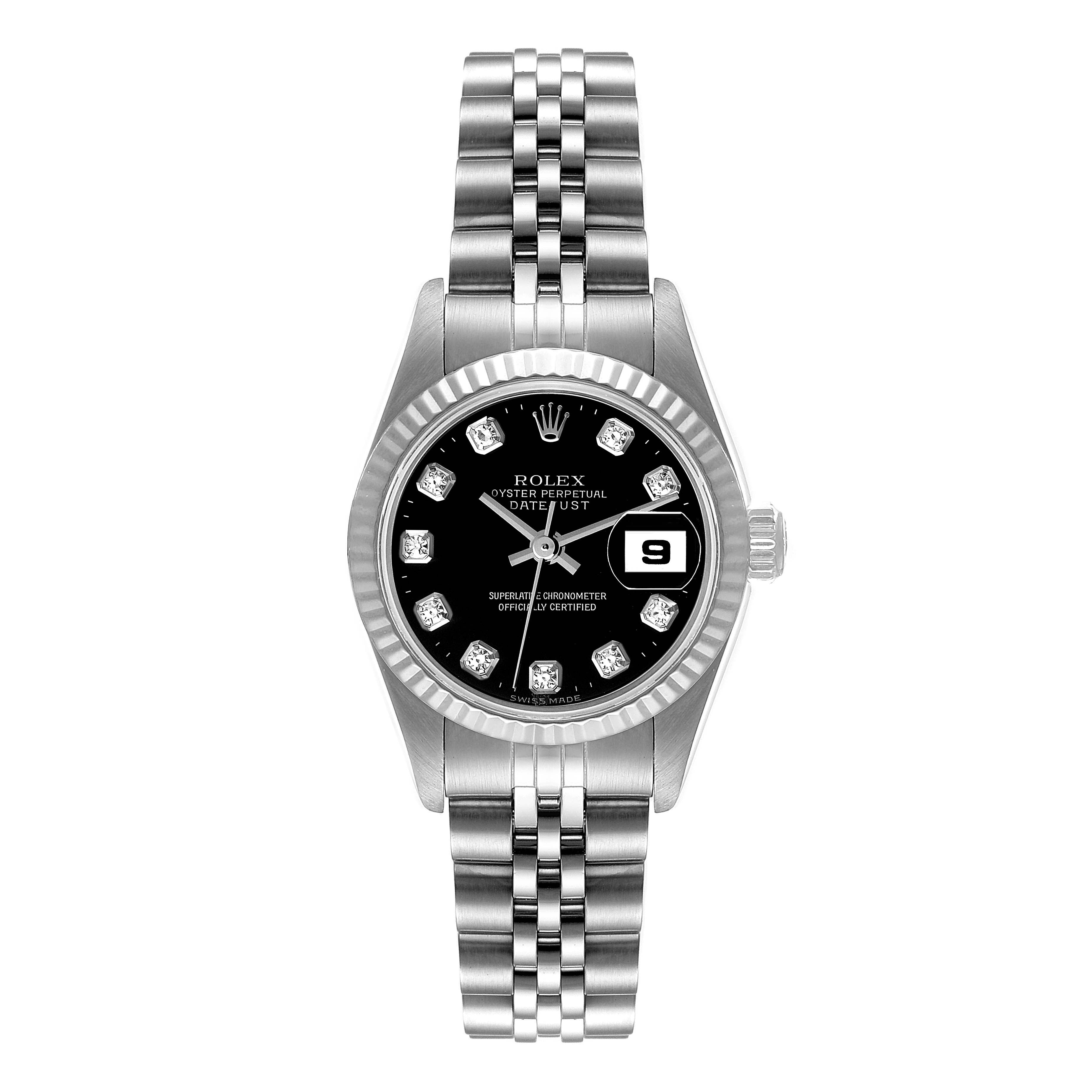 This Rolex Datejust 79174 Women's Stainless Steel Black Dial 79174 Women's Stainless Steel Black Dial watch is shown from a top-down angle, displaying the face, fluted bezel, and Jubilee bracelet.