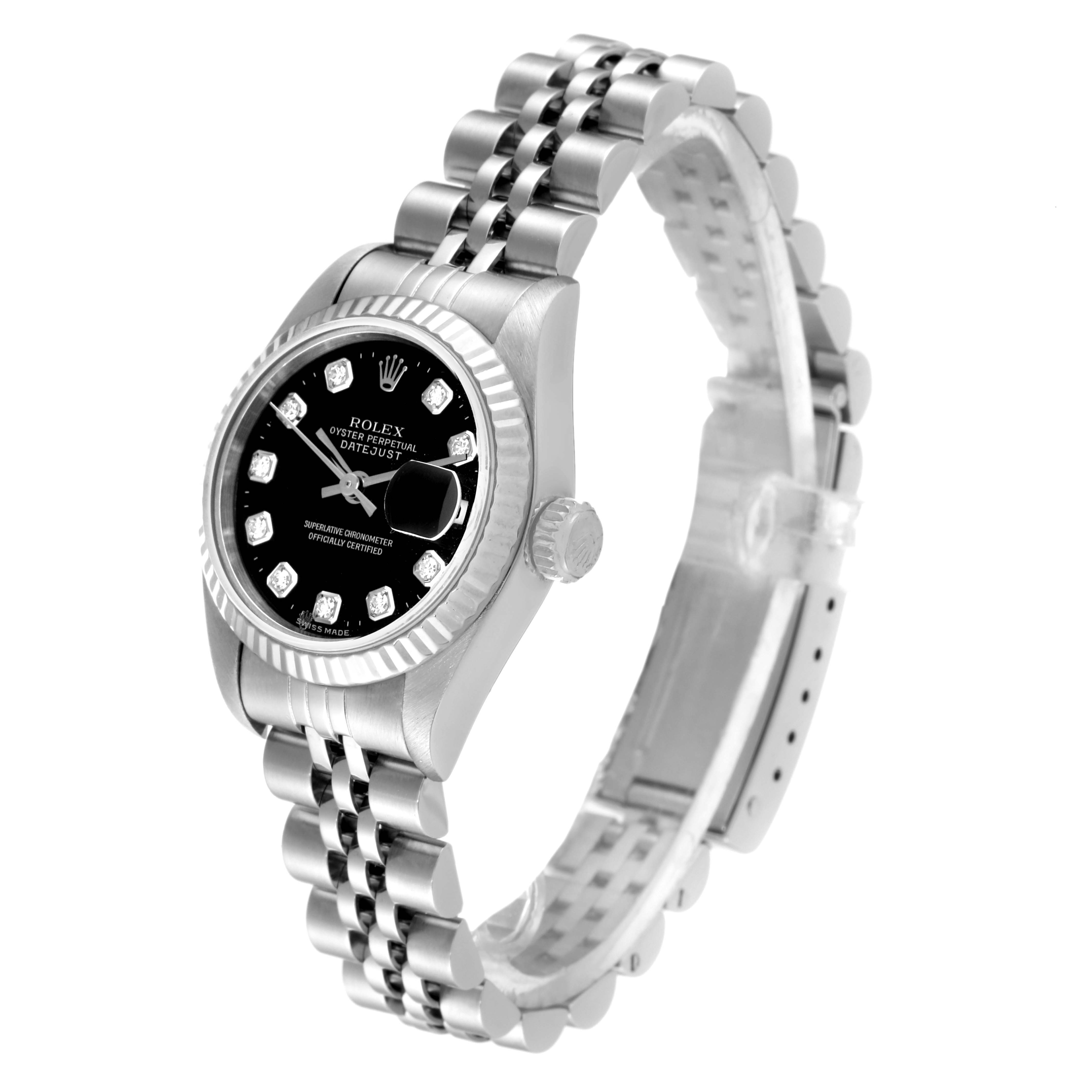 The Rolex Datejust 79174 Women's Stainless Steel Black Dial 79174 Women's Stainless Steel Black Dial watch is shown at a three-quarters angle, displaying its bracelet, dial, and crown.