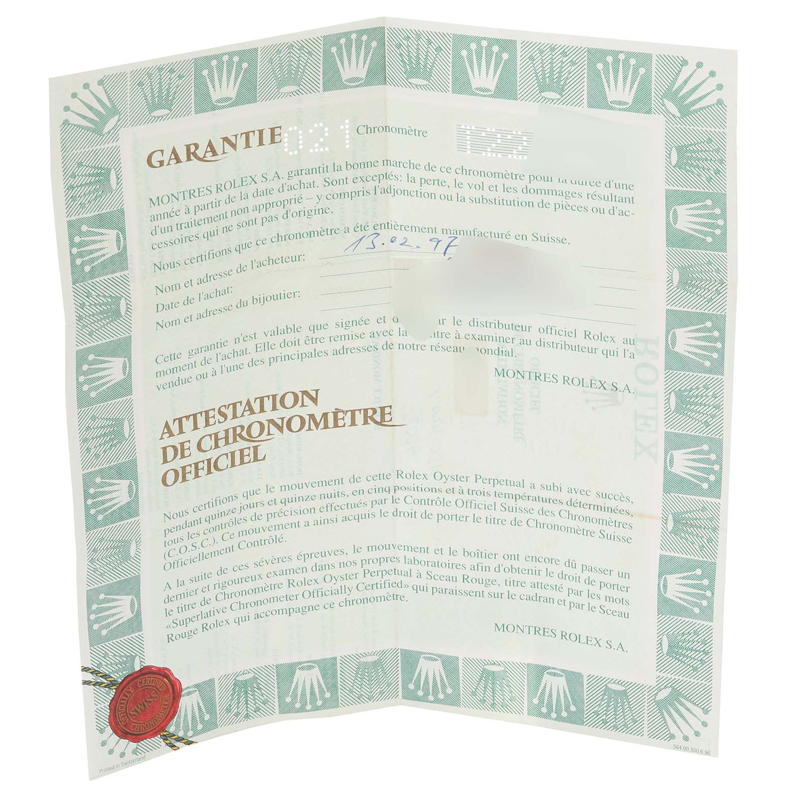 The image shows an open warranty certificate for the Rolex Datejust 16234G Men's Stainless Steel Mother of Pearl Dial 16234G Men's Stainless Steel Mother of Pearl Dial watch model, displaying text and the official Rolex seal.