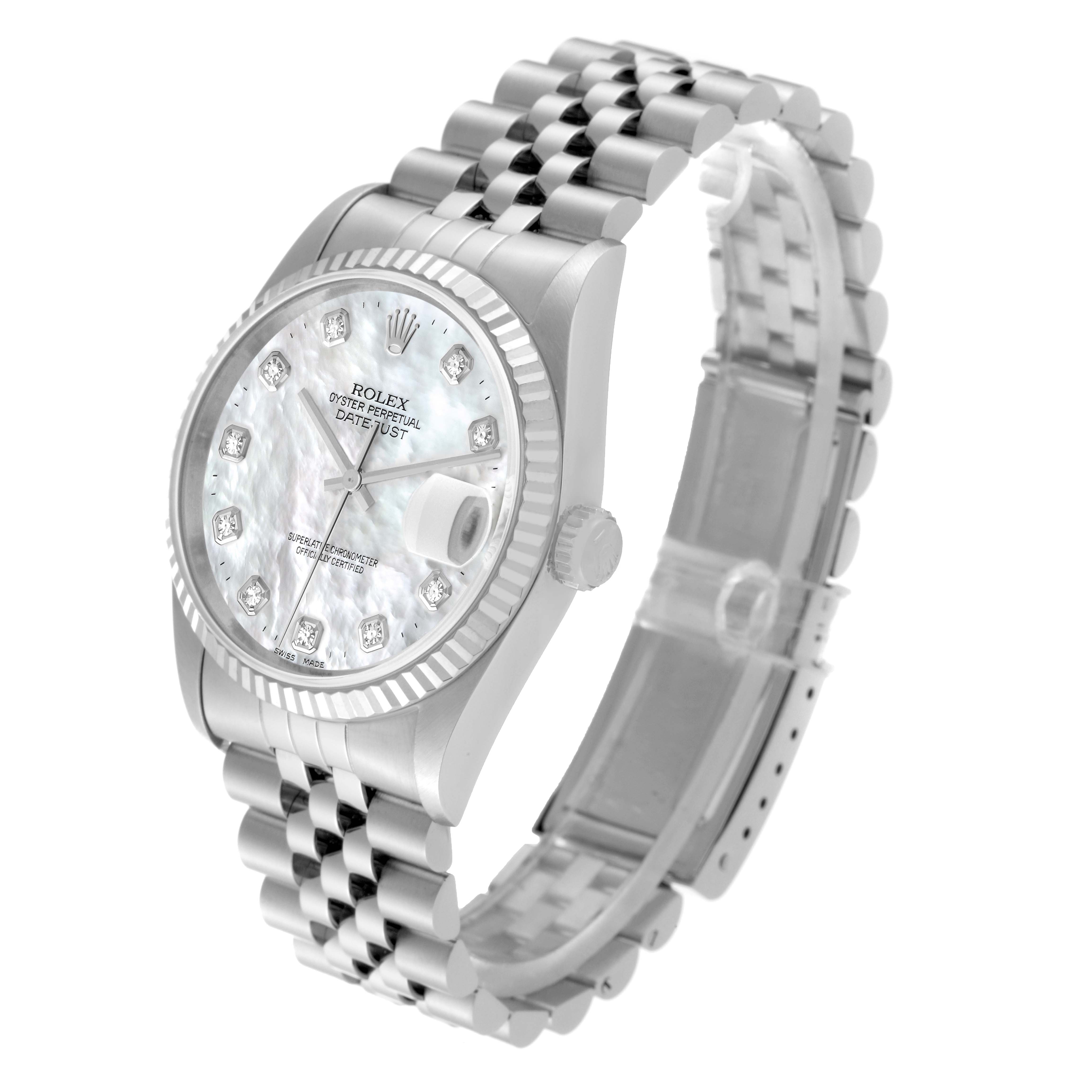 The image shows a Rolex Datejust 16234G Men's Stainless Steel Mother of Pearl Dial 16234G Men's Stainless Steel Mother of Pearl Dial watch angled to display the dial, bezel, case, crown, and bracelet.