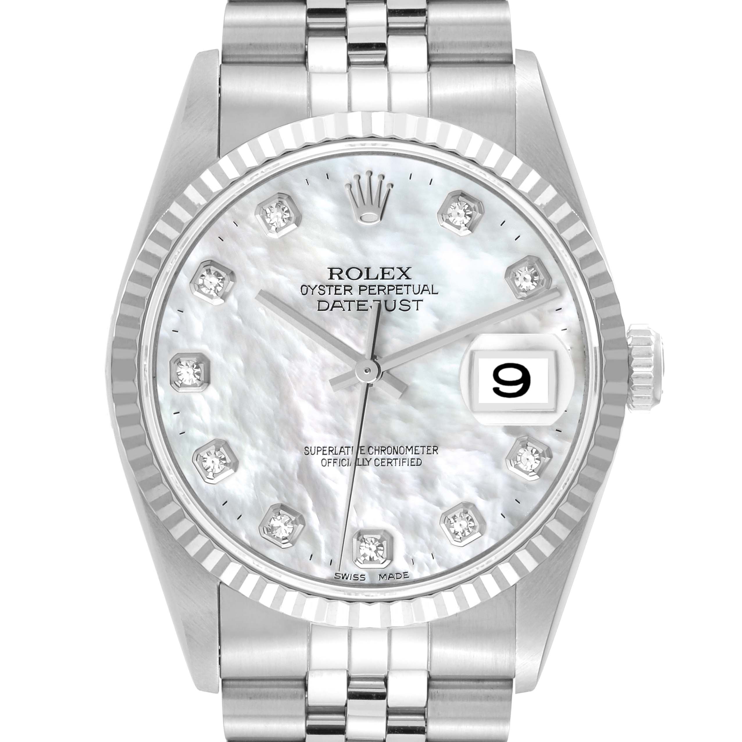 The image shows a front view of the Rolex Datejust 16234G Men's Stainless Steel Mother of Pearl Dial 16234G Men's Stainless Steel Mother of Pearl Dial watch, highlighting the dial, hands, date window, and part of the bracelet.