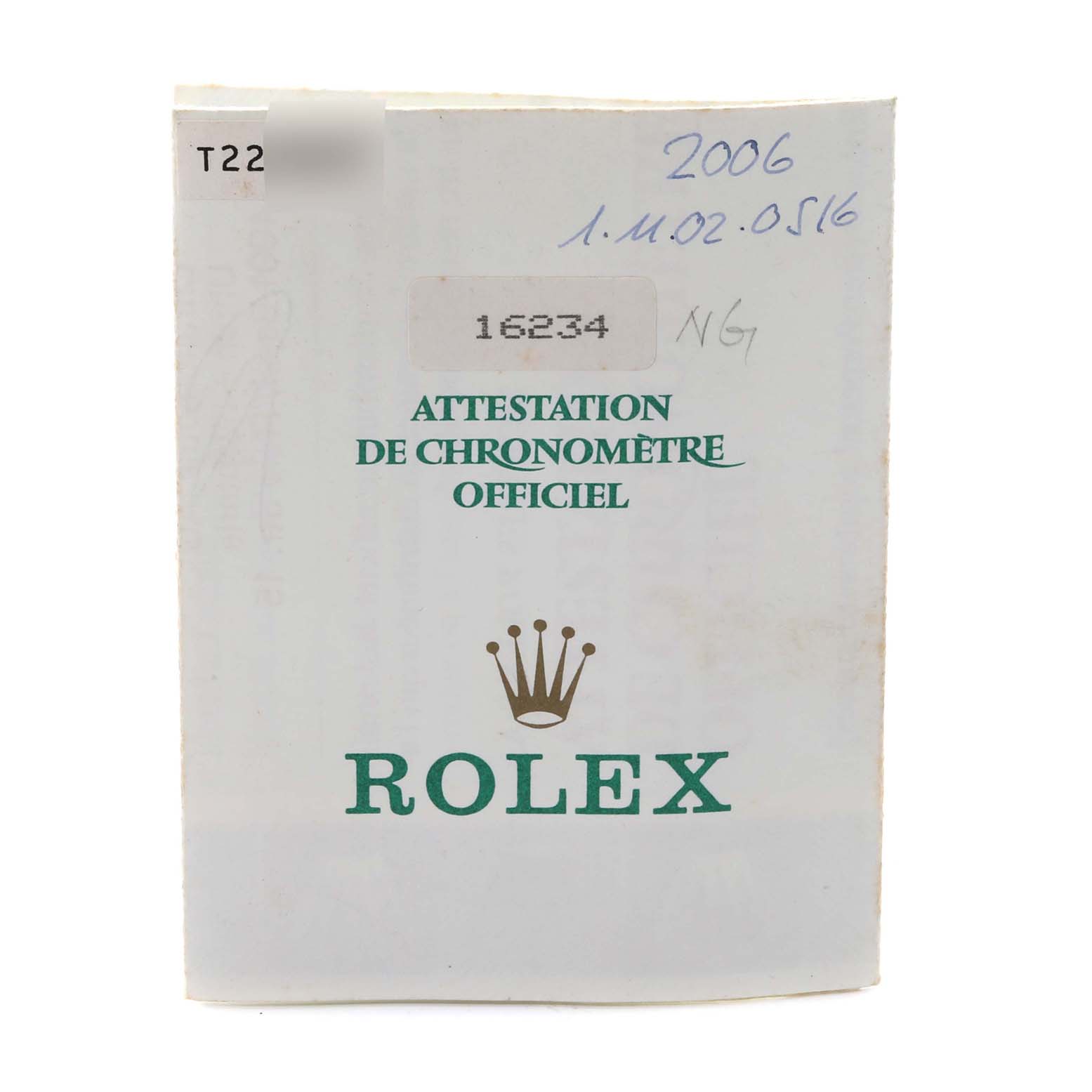 This image shows the official certification booklet for the Rolex Datejust 16234G Men's Stainless Steel Mother of Pearl Dial 16234G Men's Stainless Steel Mother of Pearl Dial watch model.