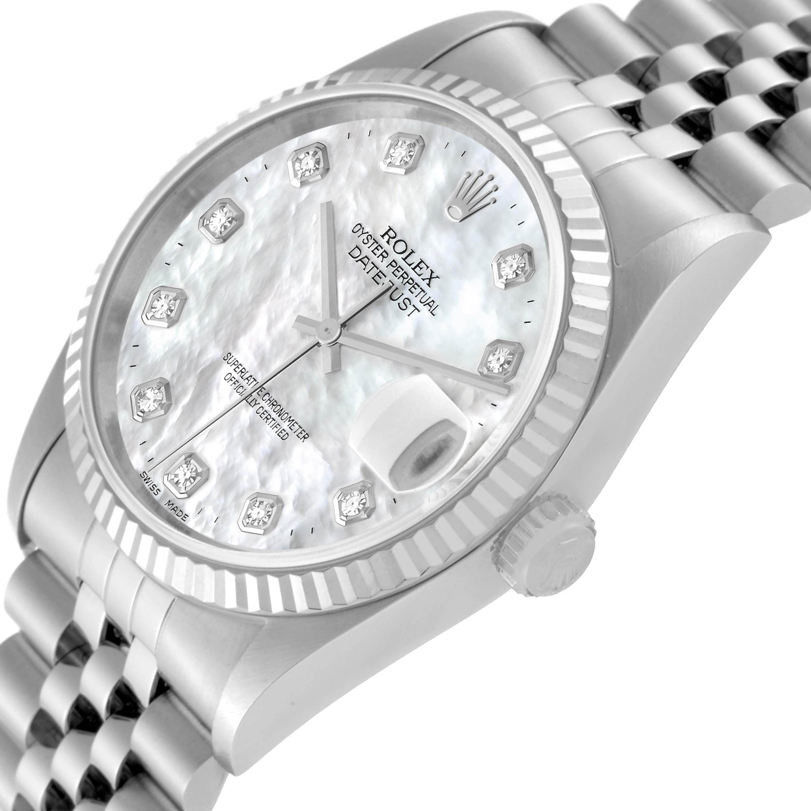 The image shows an angled view of a Rolex Datejust 16234G Men's Stainless Steel Mother of Pearl Dial 16234G Men's Stainless Steel Mother of Pearl Dial watch, highlighting the face, bezel, and part of the bracelet.