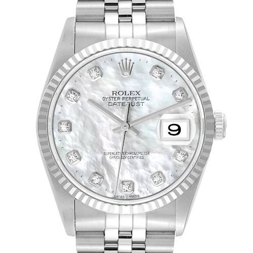 Photo of Rolex Datejust Steel White Gold Mother of Pearl  Diamond Dial Mens Watch 16234 Papers