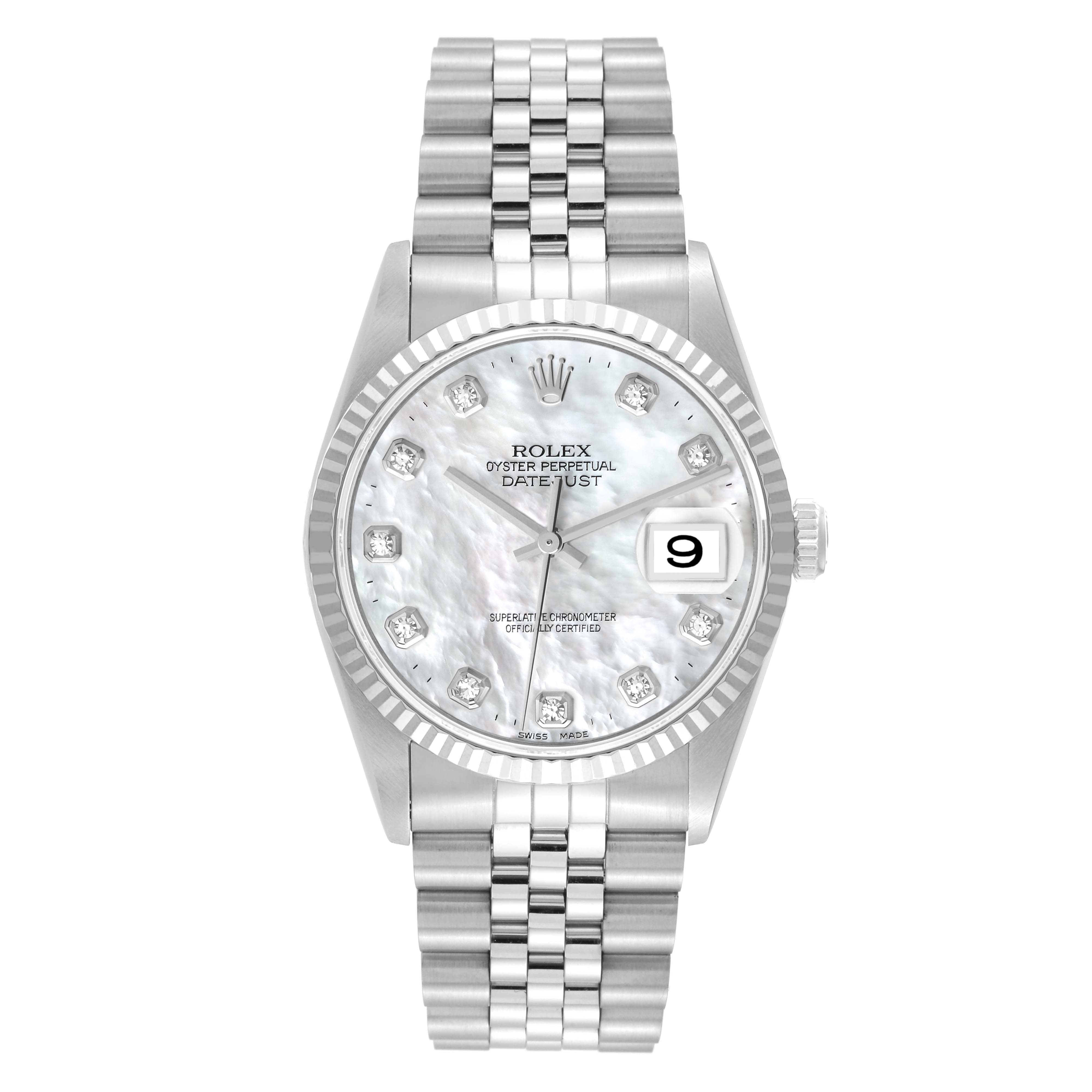 This image shows a front view of the Rolex Datejust 16234G Men's Stainless Steel Mother of Pearl Dial 16234G Men's Stainless Steel Mother of Pearl Dial watch, displaying its dial, case, and Jubilee bracelet.