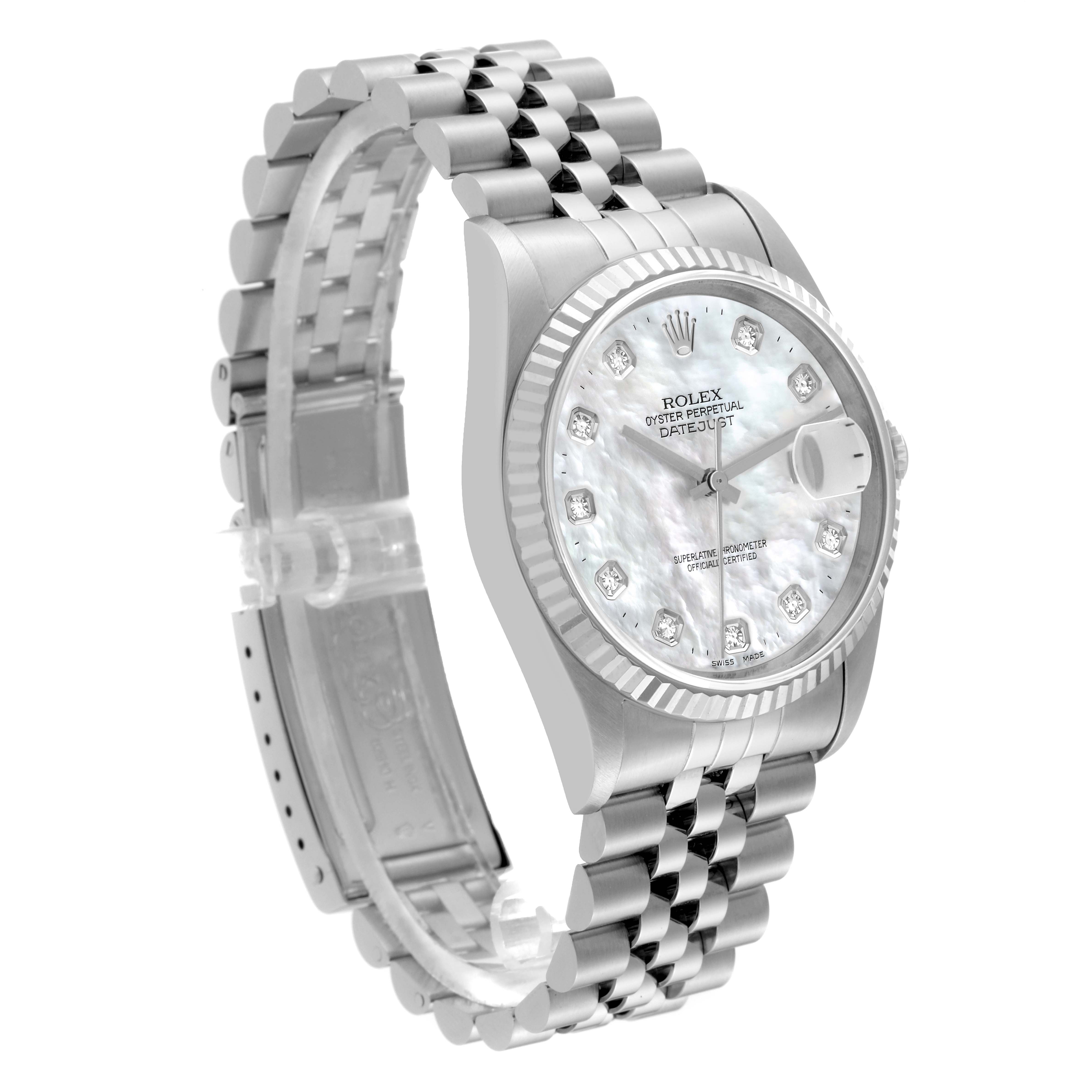 The image shows a Rolex Datejust 16234G Men's Stainless Steel Mother of Pearl Dial 16234G Men's Stainless Steel Mother of Pearl Dial watch at a slight angle, highlighting its face, bezel, and bracelet.