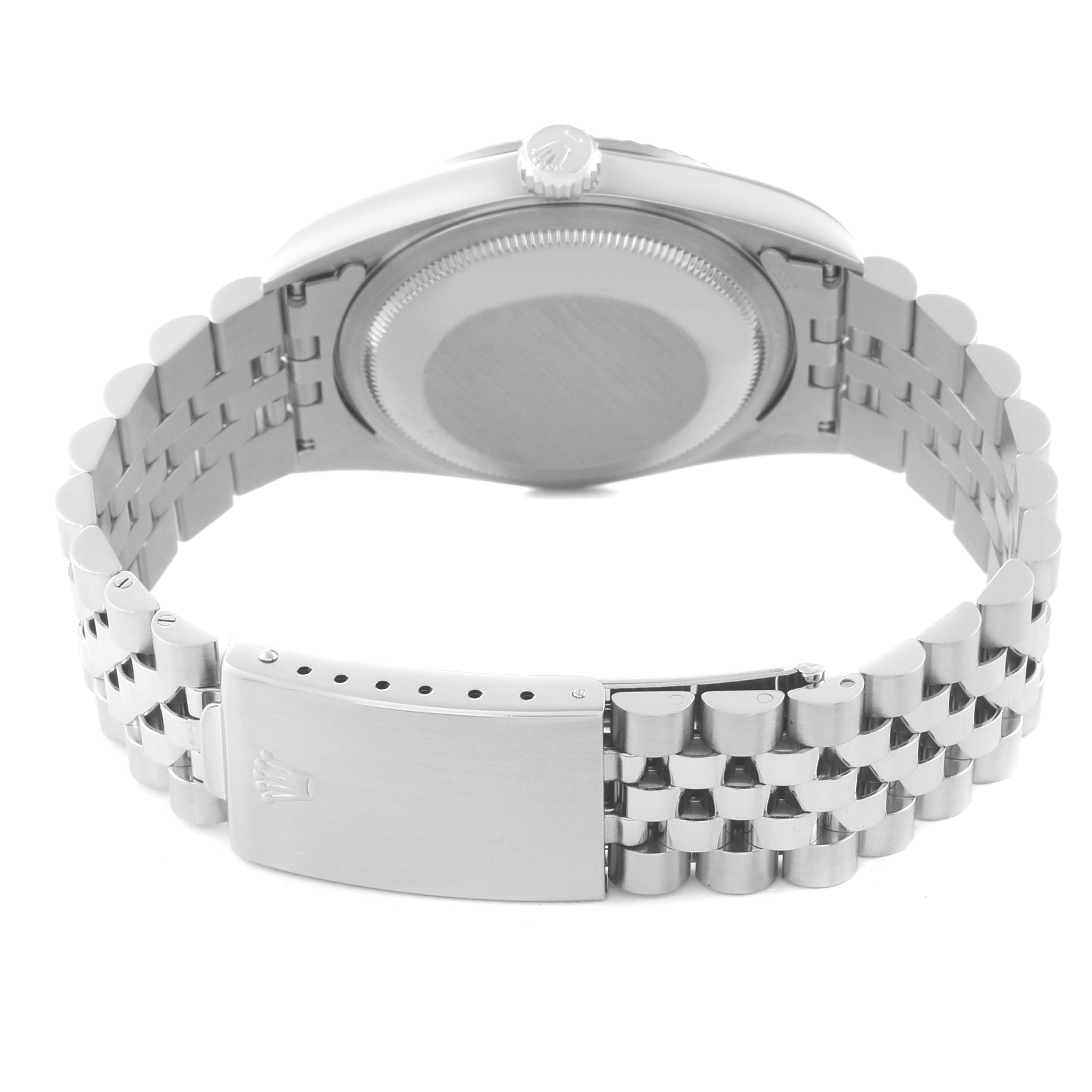 The image shows the back view of a Rolex Datejust 16234G Men's Stainless Steel Mother of Pearl Dial 16234G Men's Stainless Steel Mother of Pearl Dial watch, focusing on the case back and bracelet clasp.