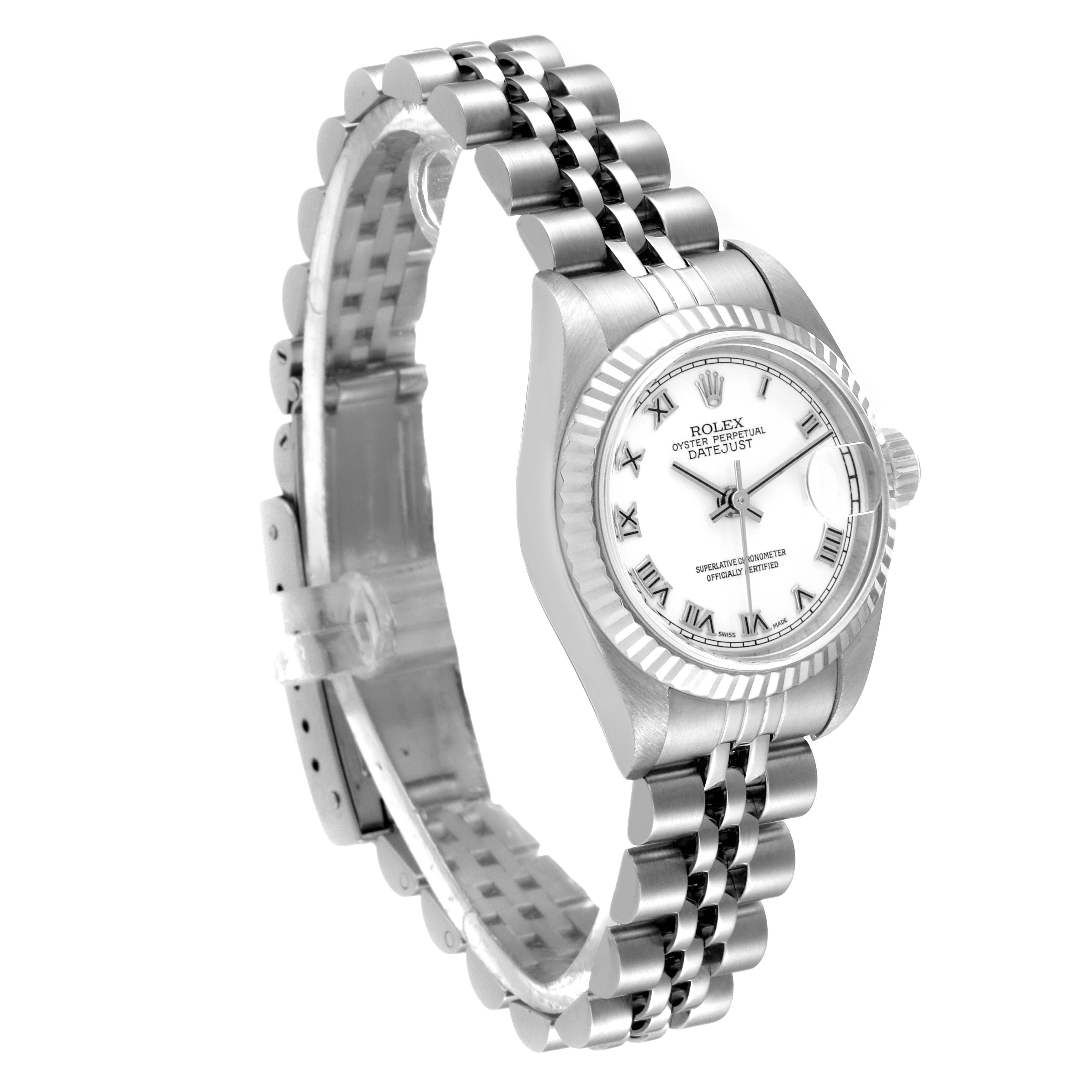 The image shows a side angle of the Rolex Datejust 79174 Women's Stainless Steel White Dial 79174 Women's Stainless Steel White Dial watch, highlighting the dial, bezel, and bracelet.