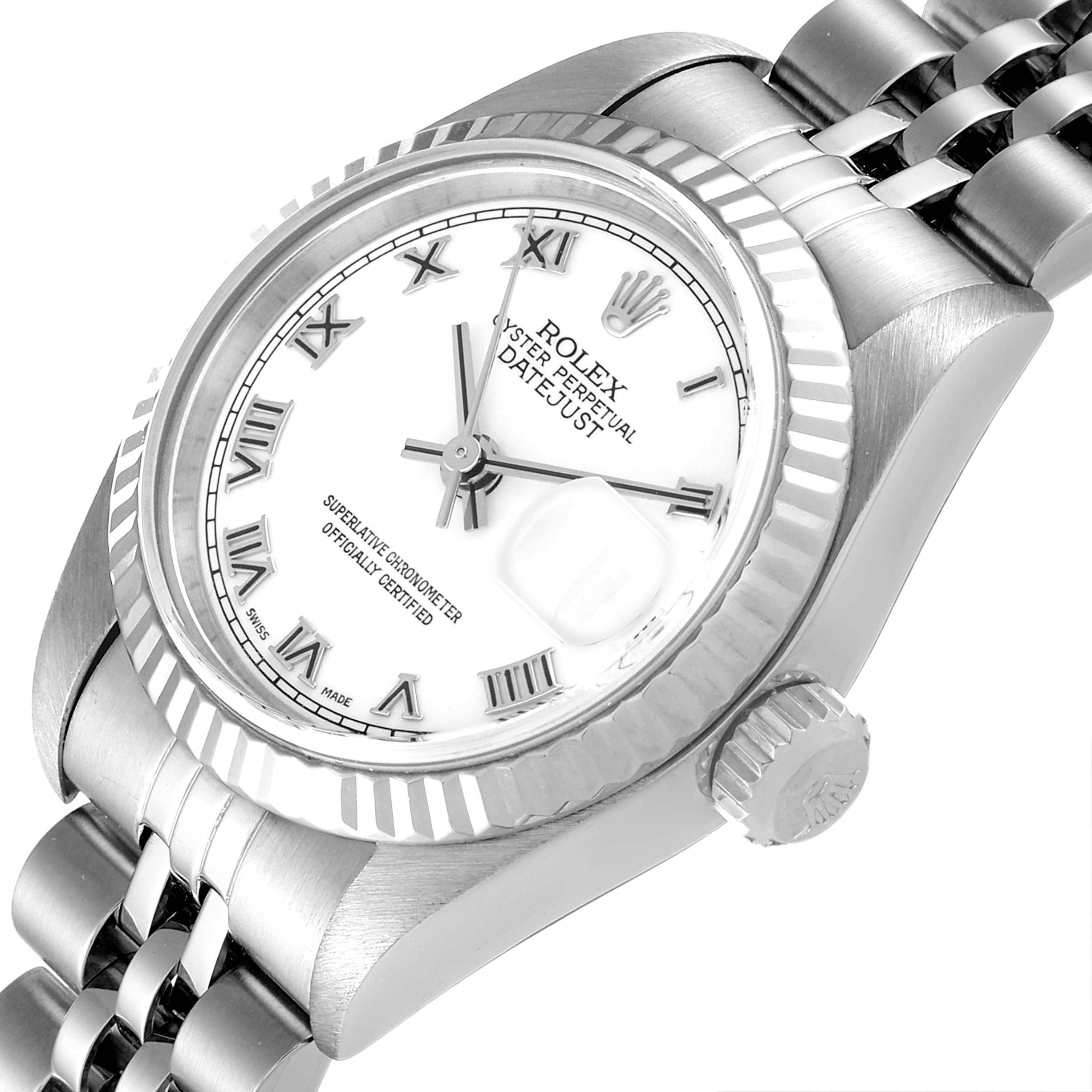 The image shows a close-up of the Rolex Datejust 79174 Women's Stainless Steel White Dial 79174 Women's Stainless Steel White Dial watch face, bezel, and part of the bracelet from an angled perspective.