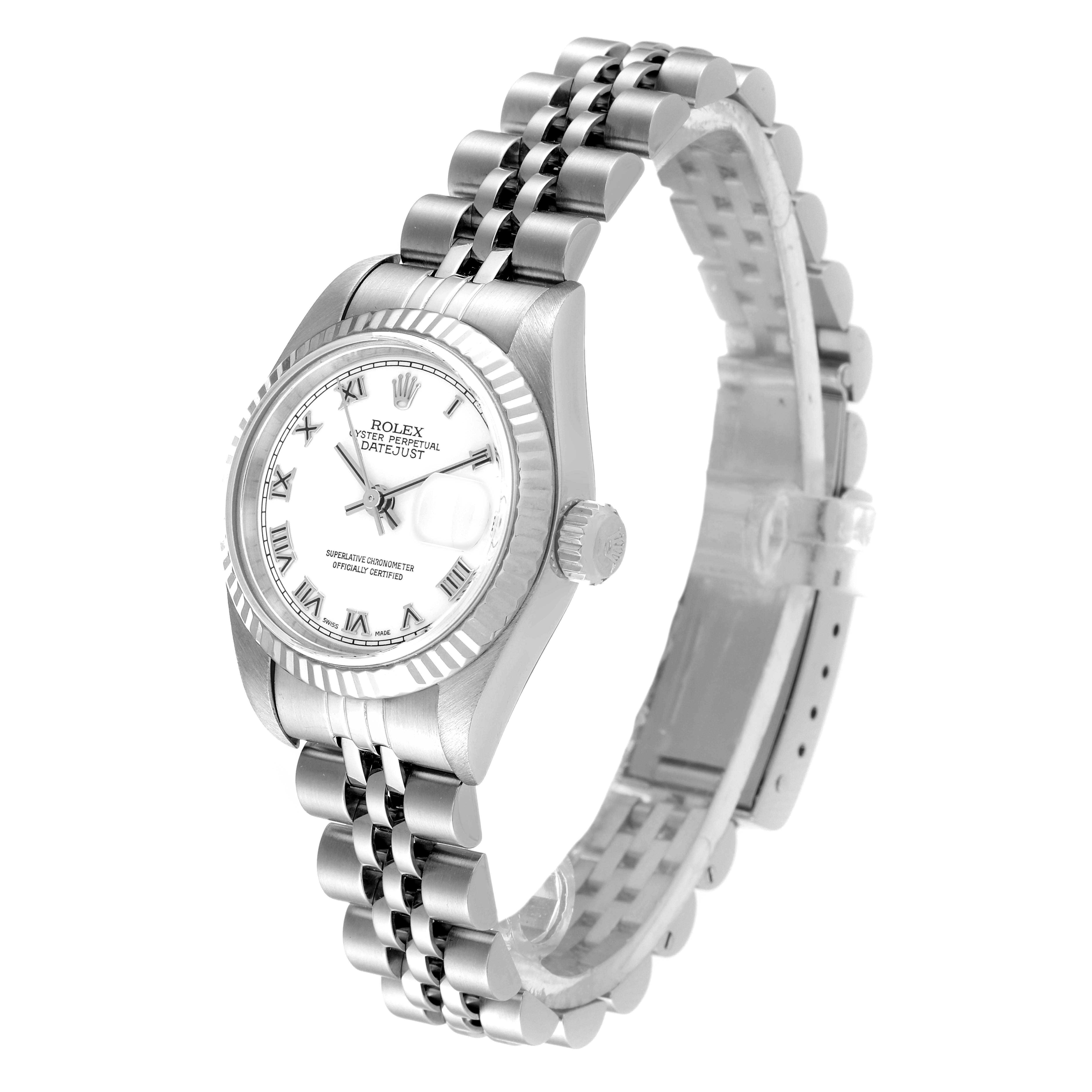 This image shows the Rolex Datejust 79174 Women's Stainless Steel White Dial 79174 Women's Stainless Steel White Dial model watch at an angled side view, highlighting its dial, bezel, and bracelet.