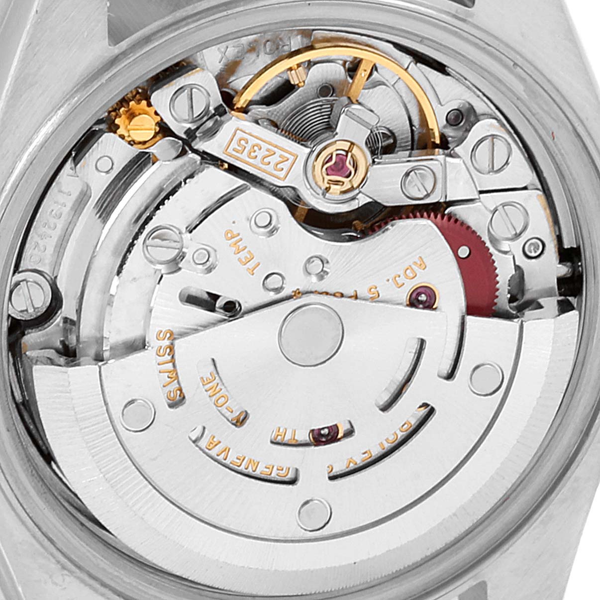 This image shows the intricate mechanical movement of a Rolex Datejust 79174 Women's Stainless Steel White Dial 79174 Women's Stainless Steel White Dial watch from the back view, revealing gears and components.