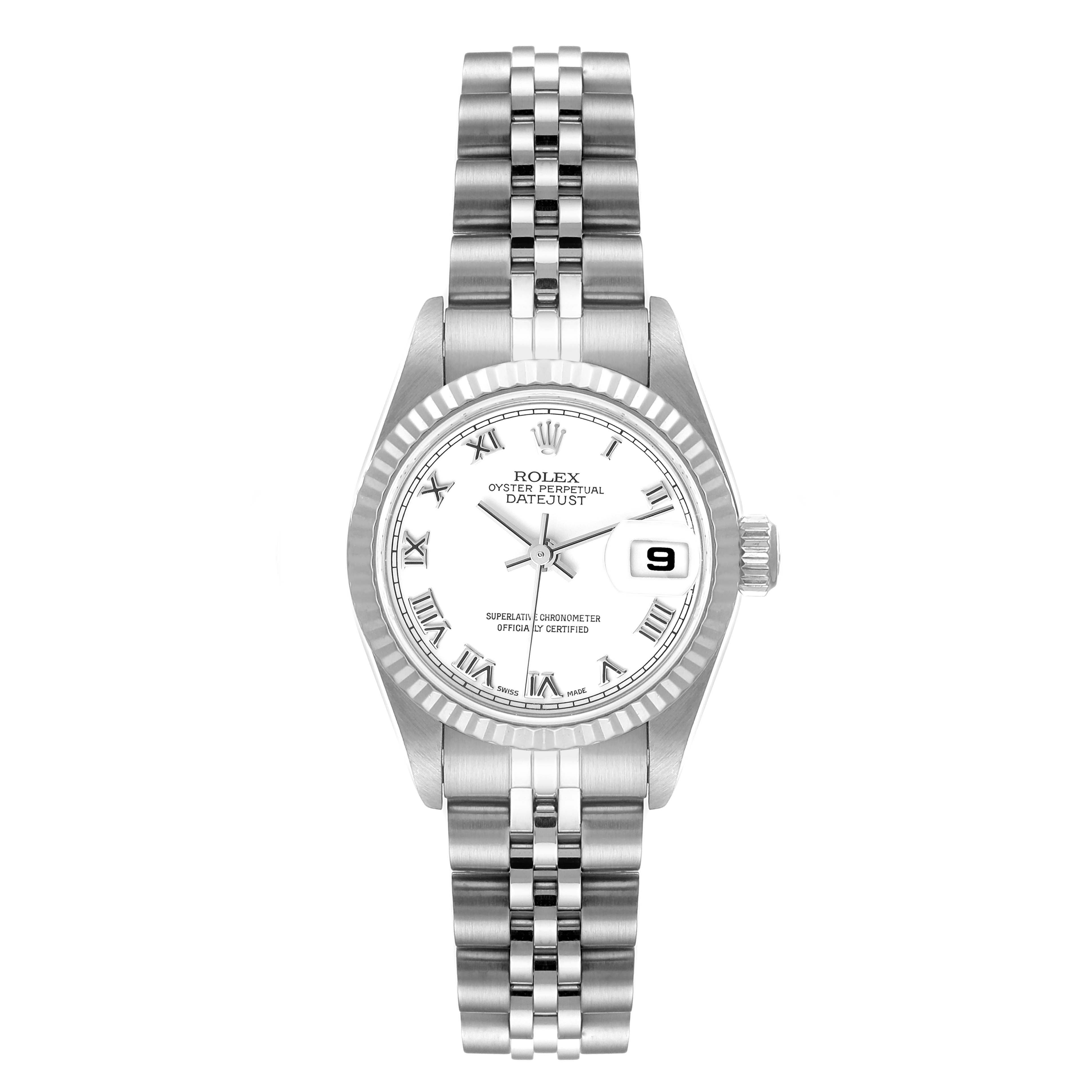 The Rolex Datejust 79174 Women's Stainless Steel White Dial 79174 Women's Stainless Steel White Dial watch is shown from a top-down angle, displaying its face, bezel, bracelet, and date feature.
