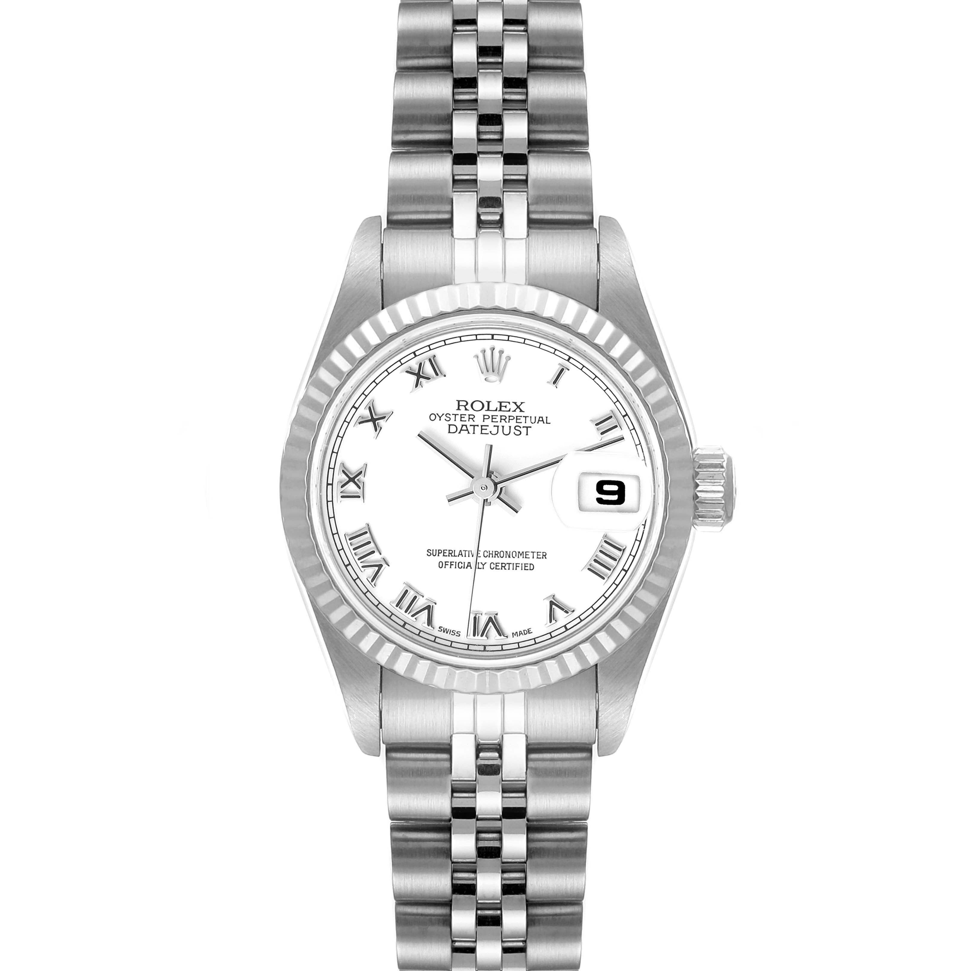 This image shows the Rolex Datejust 79174 Women's Stainless Steel White Dial 79174 Women's Stainless Steel White Dial watch from a front angle, displaying its dial, bezel, bracelet, and date window.