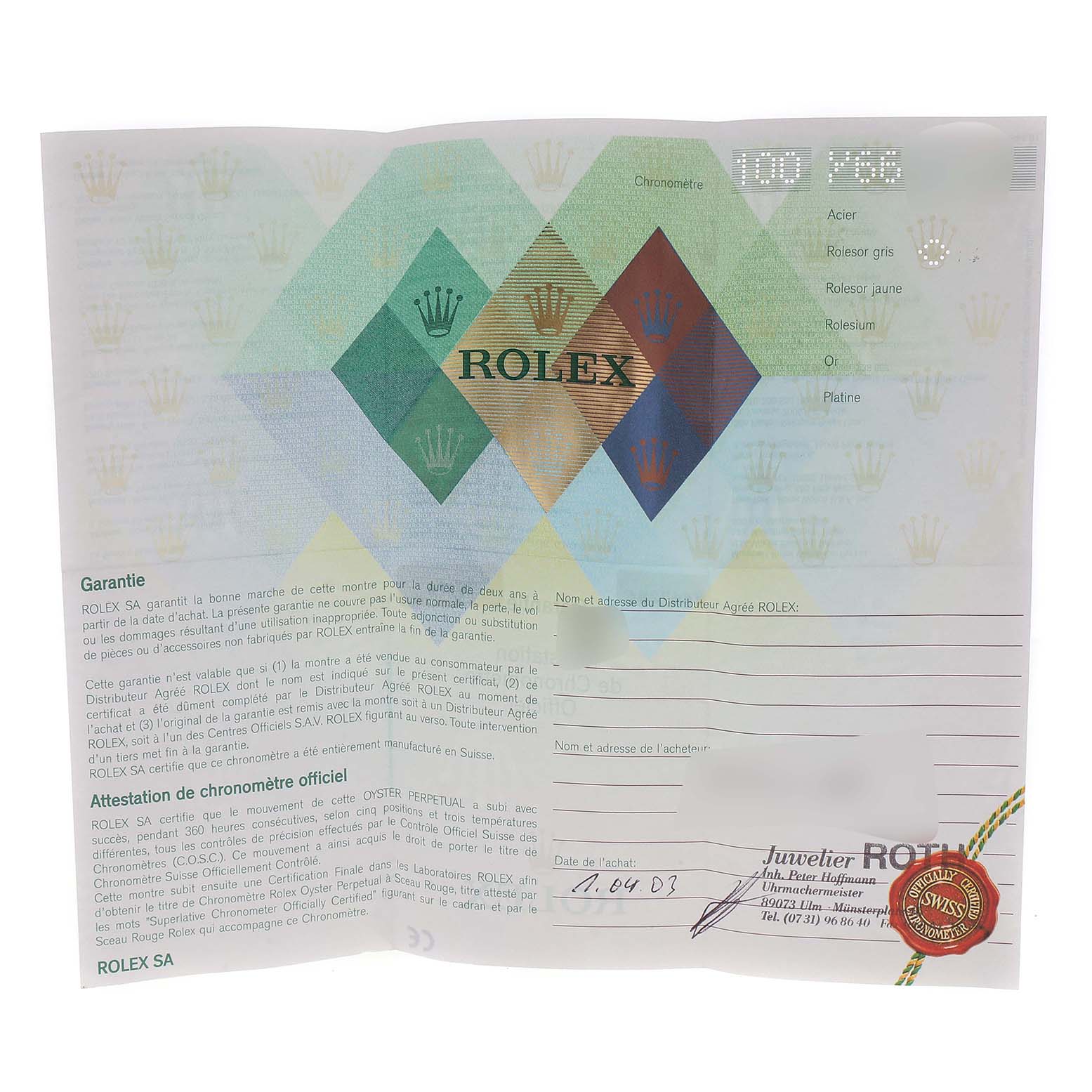 The image shows the warranty certificate for the Rolex Datejust 79174 Women's Stainless Steel White Dial 79174 Women's Stainless Steel White Dial watch model.