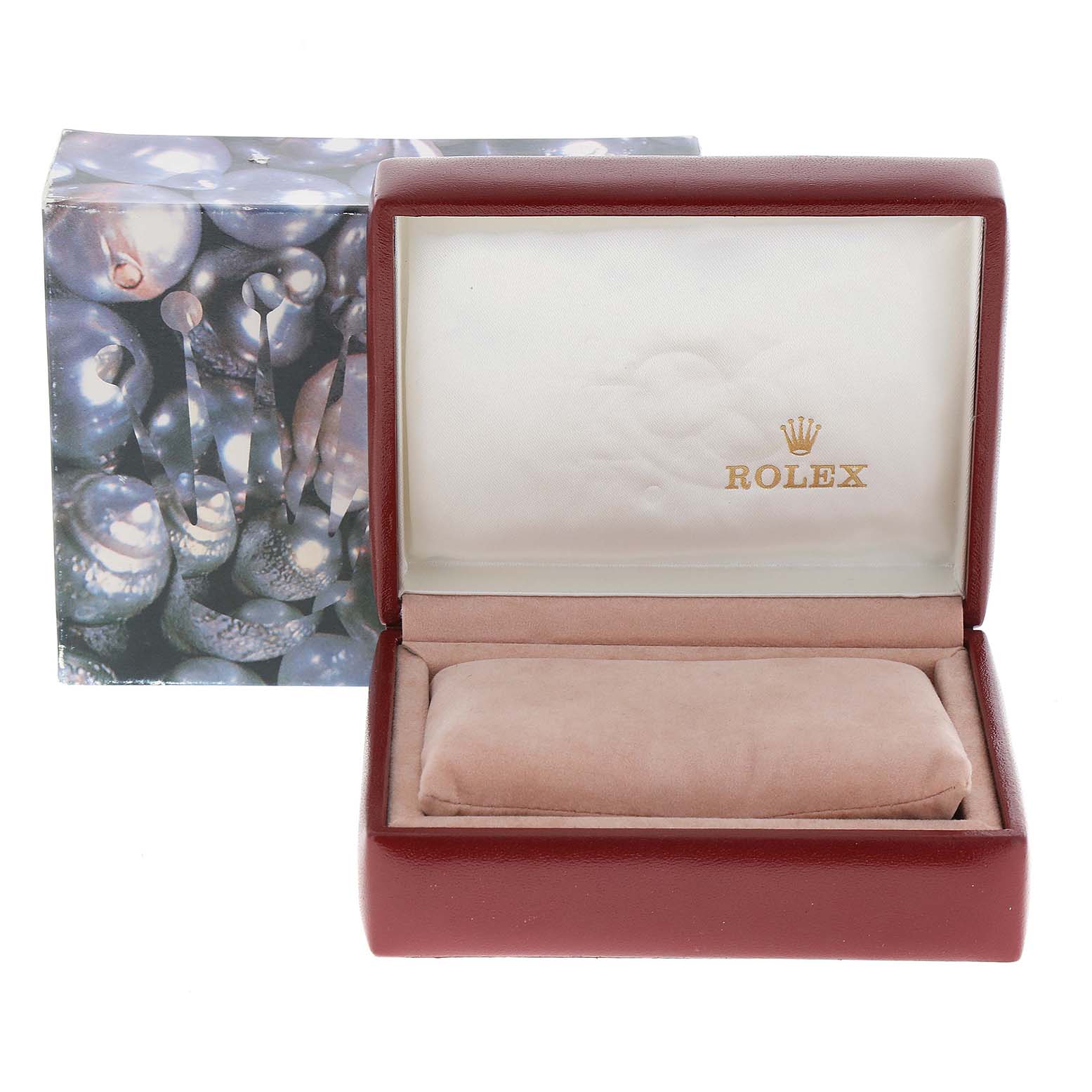 This image shows an open display box for a Rolex Datejust 79173 Women's Steel and Gold (two tone) Mother of Pearl Dial 79173 Women's Steel and Gold (two tone) Mother of Pearl Dial watch, with the Rolex logo visible inside the box lid.