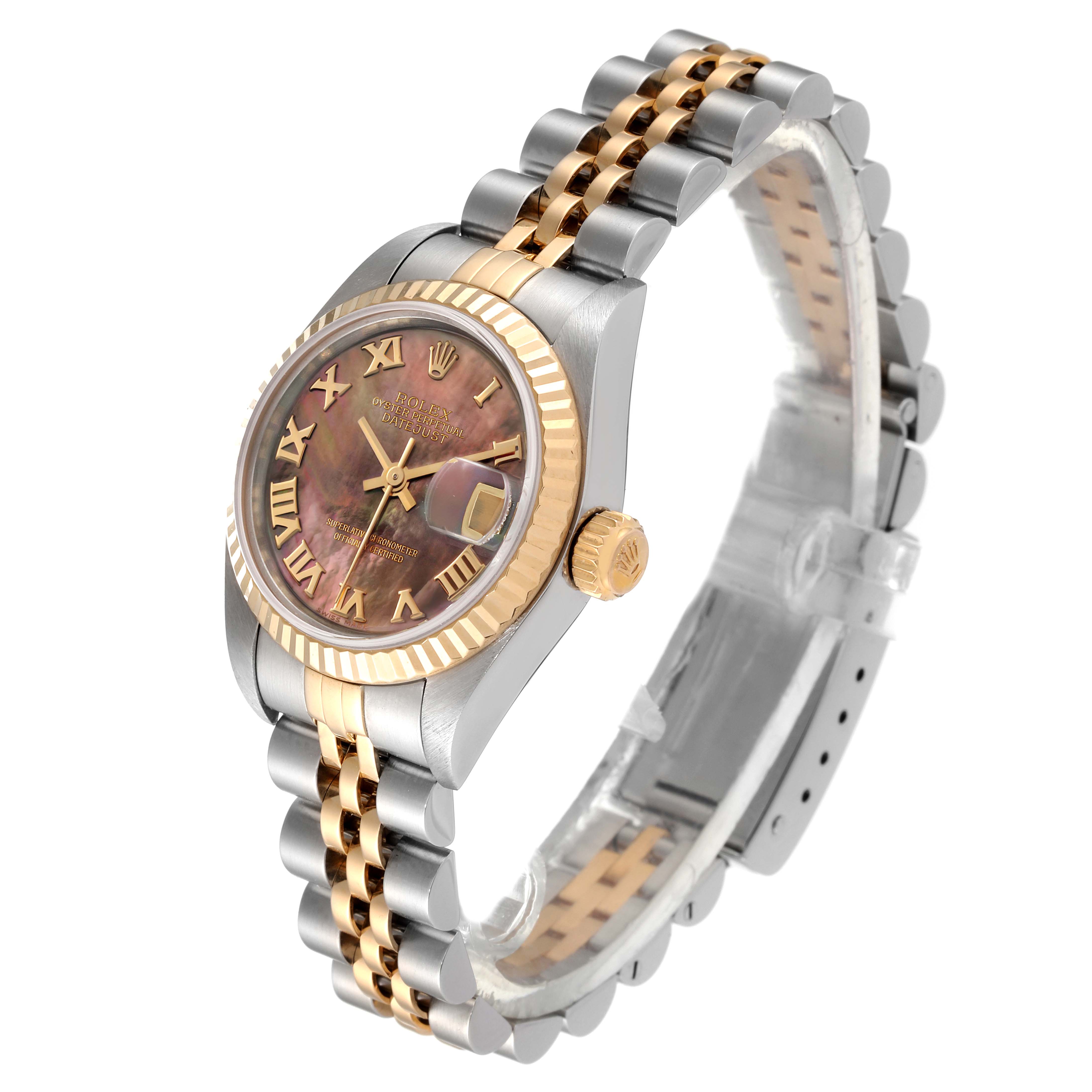 The Rolex Datejust 79173 Women's Steel and Gold (two tone) Mother of Pearl Dial 79173 Women's Steel and Gold (two tone) Mother of Pearl Dial watch is shown at a three-quarter angle, displaying the face, bezel, bracelet, and crown.