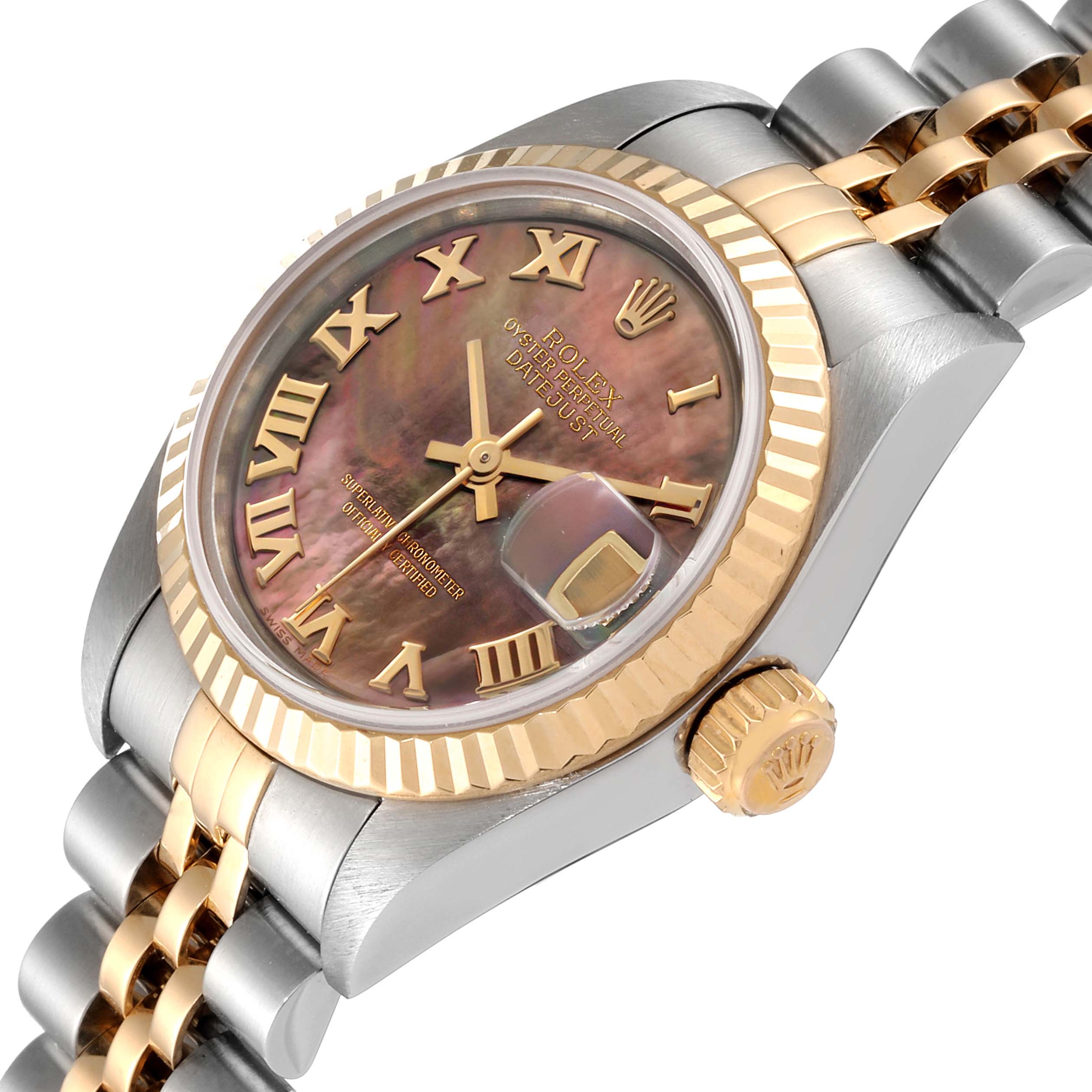 The image shows a close-up angle of a Rolex Datejust 79173 Women's Steel and Gold (two tone) Mother of Pearl Dial 79173 Women's Steel and Gold (two tone) Mother of Pearl Dial watch, highlighting the dial, bezel, crown, and part of the bracelet.