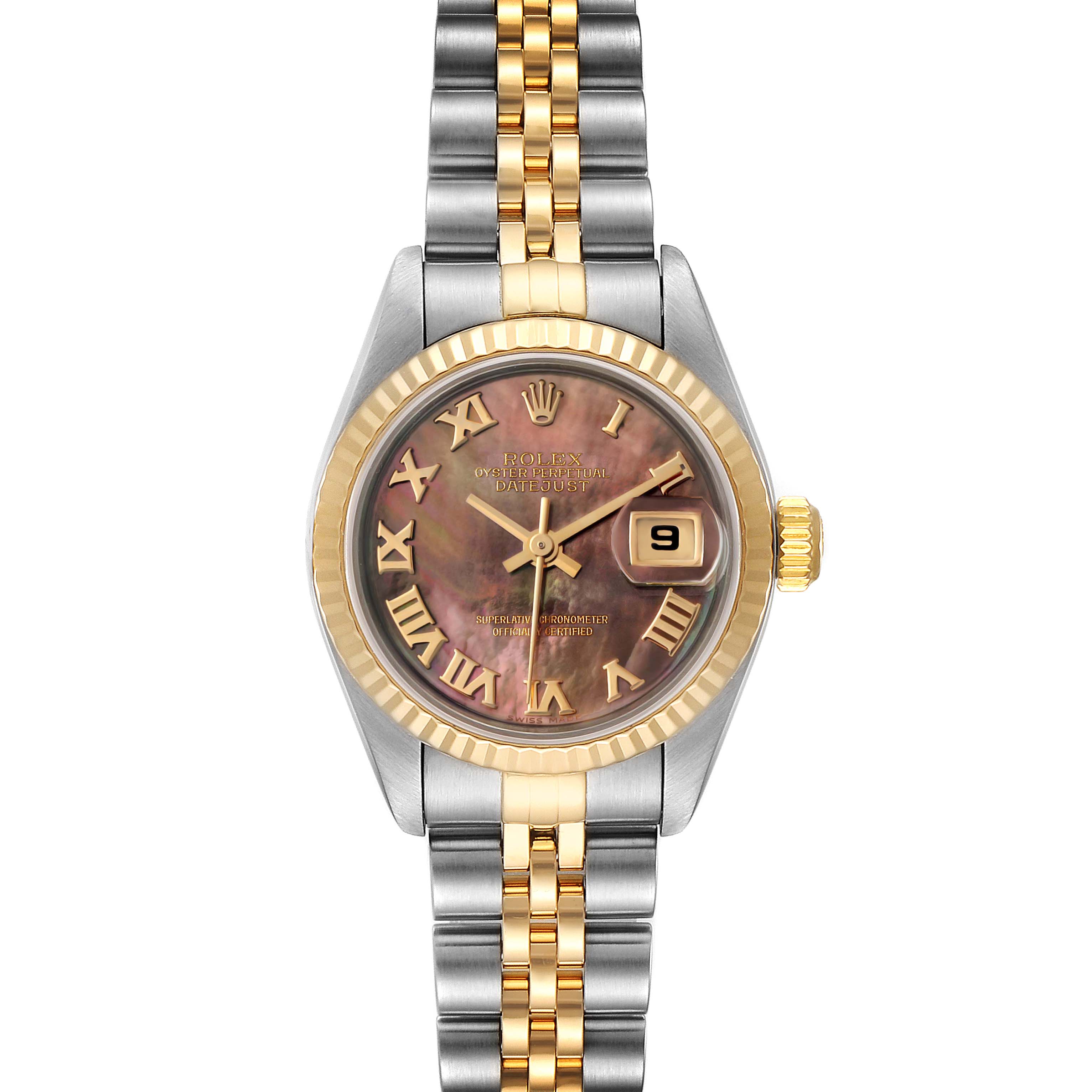This Rolex Datejust 79173 Women's Steel and Gold (two tone) Mother of Pearl Dial 79173 Women's Steel and Gold (two tone) Mother of Pearl Dial watch is shown from a top-down view, displaying its face, bezel, and bracelet.