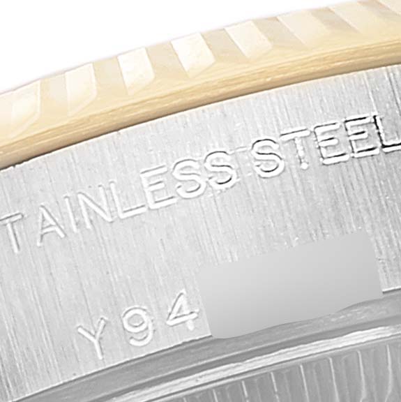 The image shows a close-up angle of the stainless steel side and bezel of a Rolex Datejust 79173 Women's Steel and Gold (two tone) Mother of Pearl Dial 79173 Women's Steel and Gold (two tone) Mother of Pearl Dial watch.