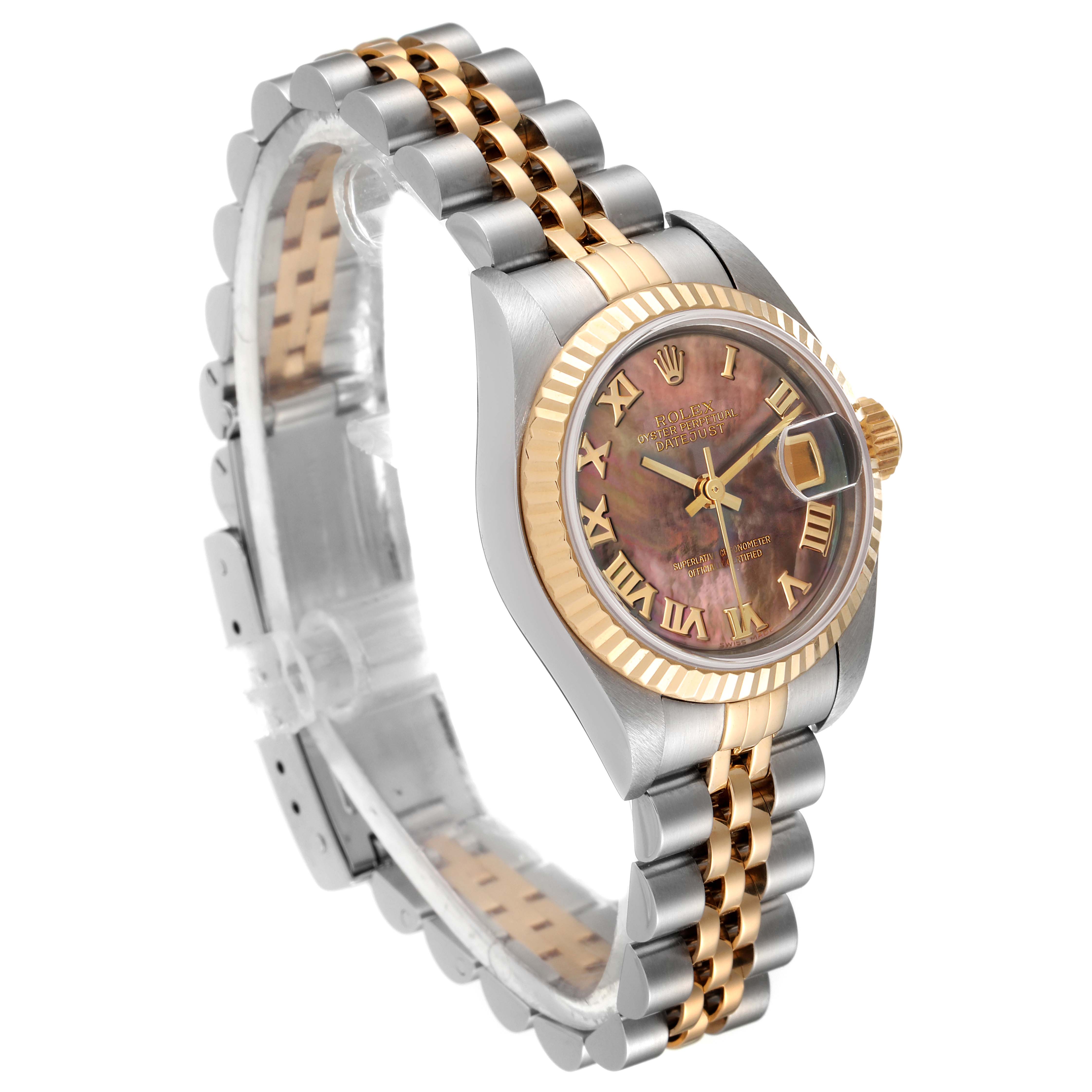 The Rolex Datejust 79173 Women's Steel and Gold (two tone) Mother of Pearl Dial 79173 Women's Steel and Gold (two tone) Mother of Pearl Dial watch is shown at an angle highlighting the face, bezel, crown, and two-tone bracelet.