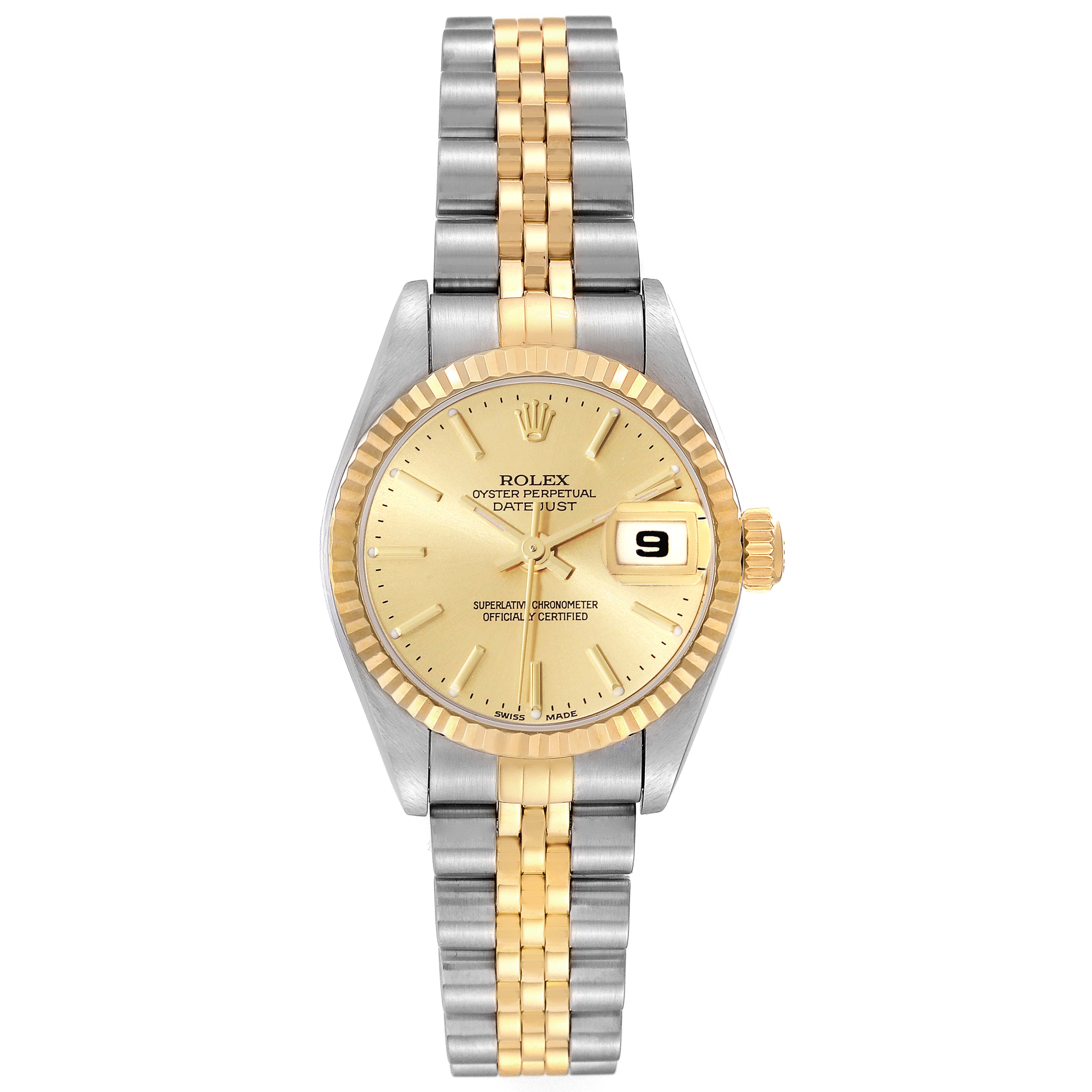 The Rolex Datejust 79173 Women's Steel and Gold (two tone) Champagne Dial 79173 Women's Steel and Gold (two tone) Champagne Dial watch is shown from a front angle, displaying its face, bezel, and two-tone bracelet.