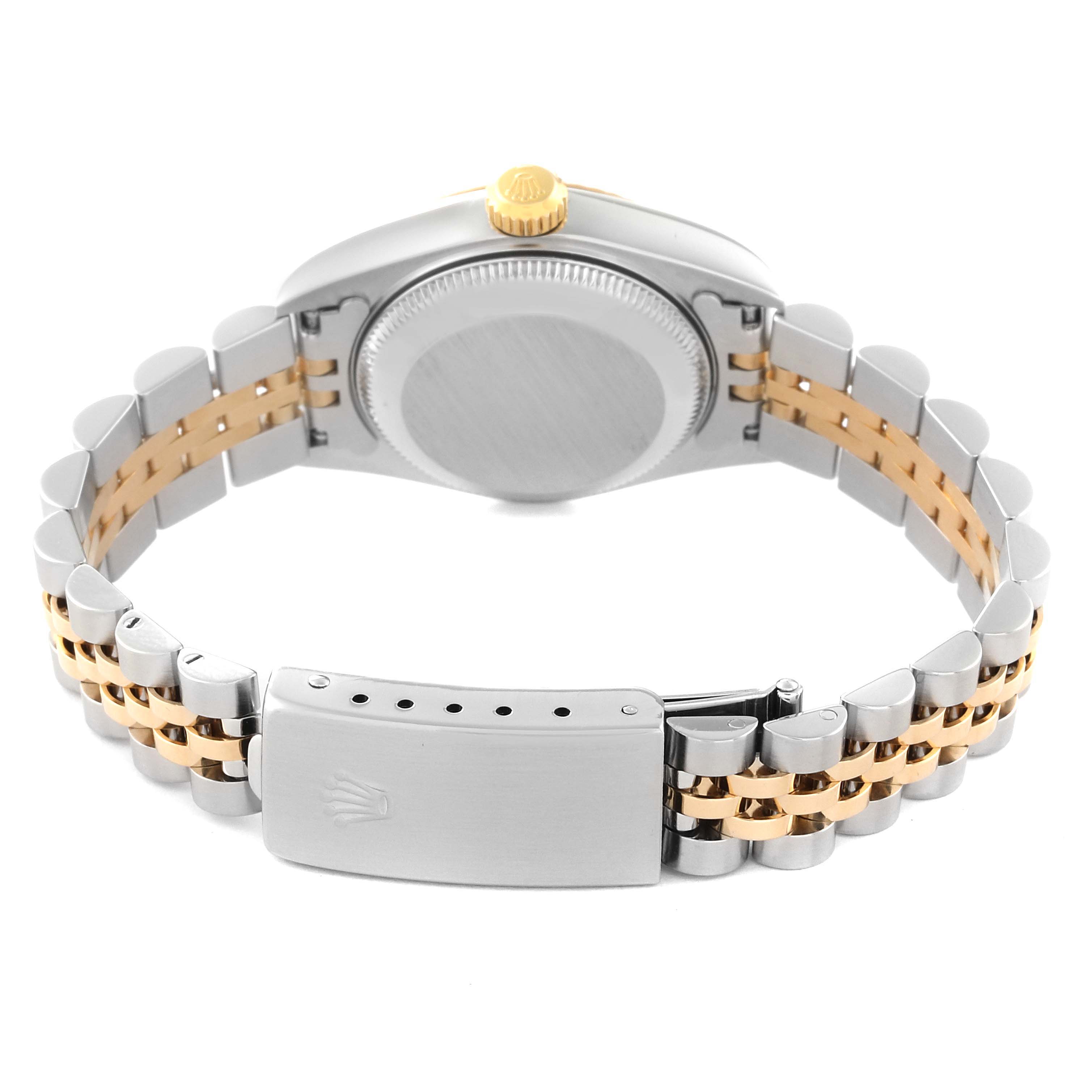 The image shows the back case, bracelet, and clasp of a Rolex Datejust 79173 Women's Steel and Gold (two tone) Champagne Dial 79173 Women's Steel and Gold (two tone) Champagne Dial watch.