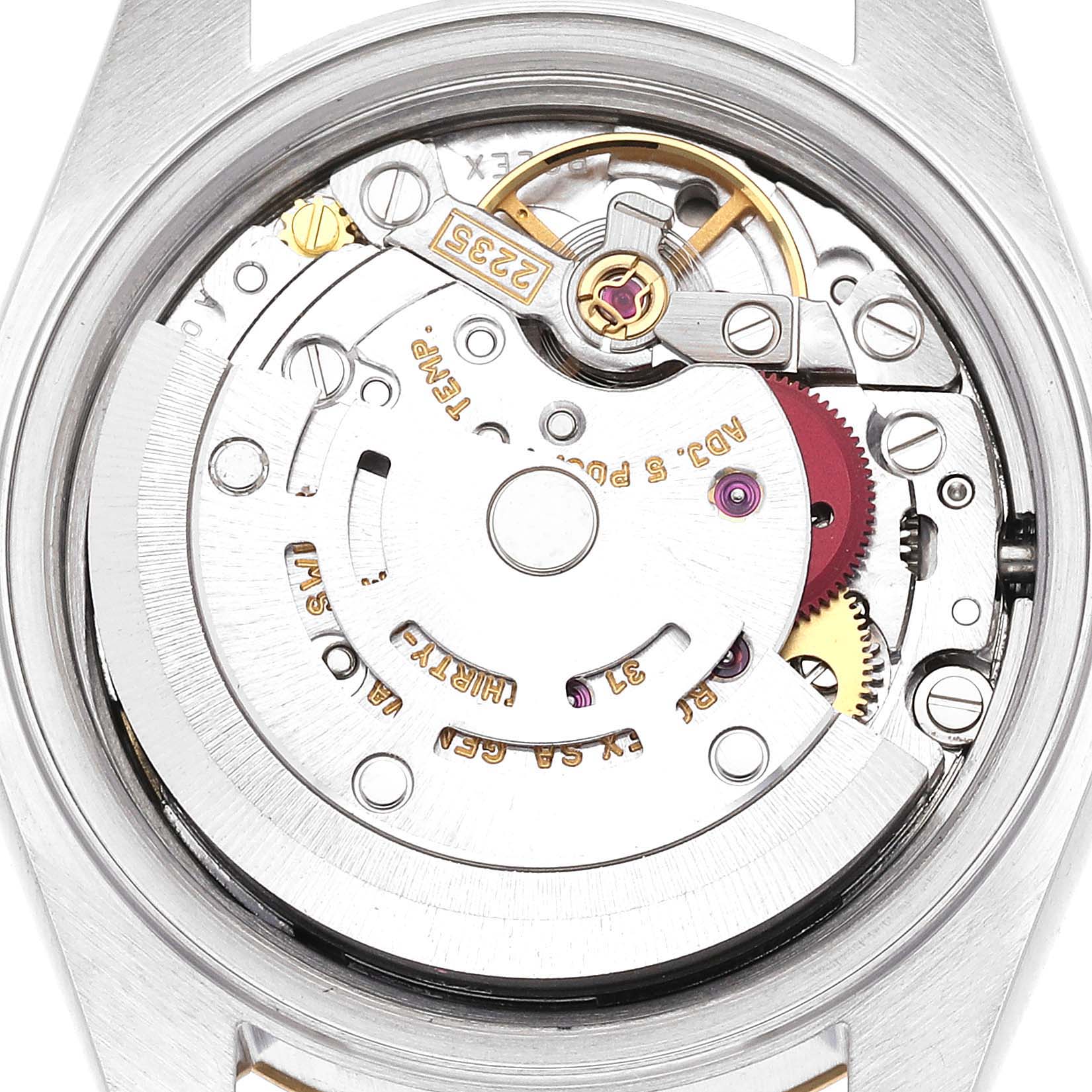 This close-up image shows the movement mechanism of a Rolex Datejust 79173 Women's Steel and Gold (two tone) Champagne Dial 79173 Women's Steel and Gold (two tone) Champagne Dial watch from the back.