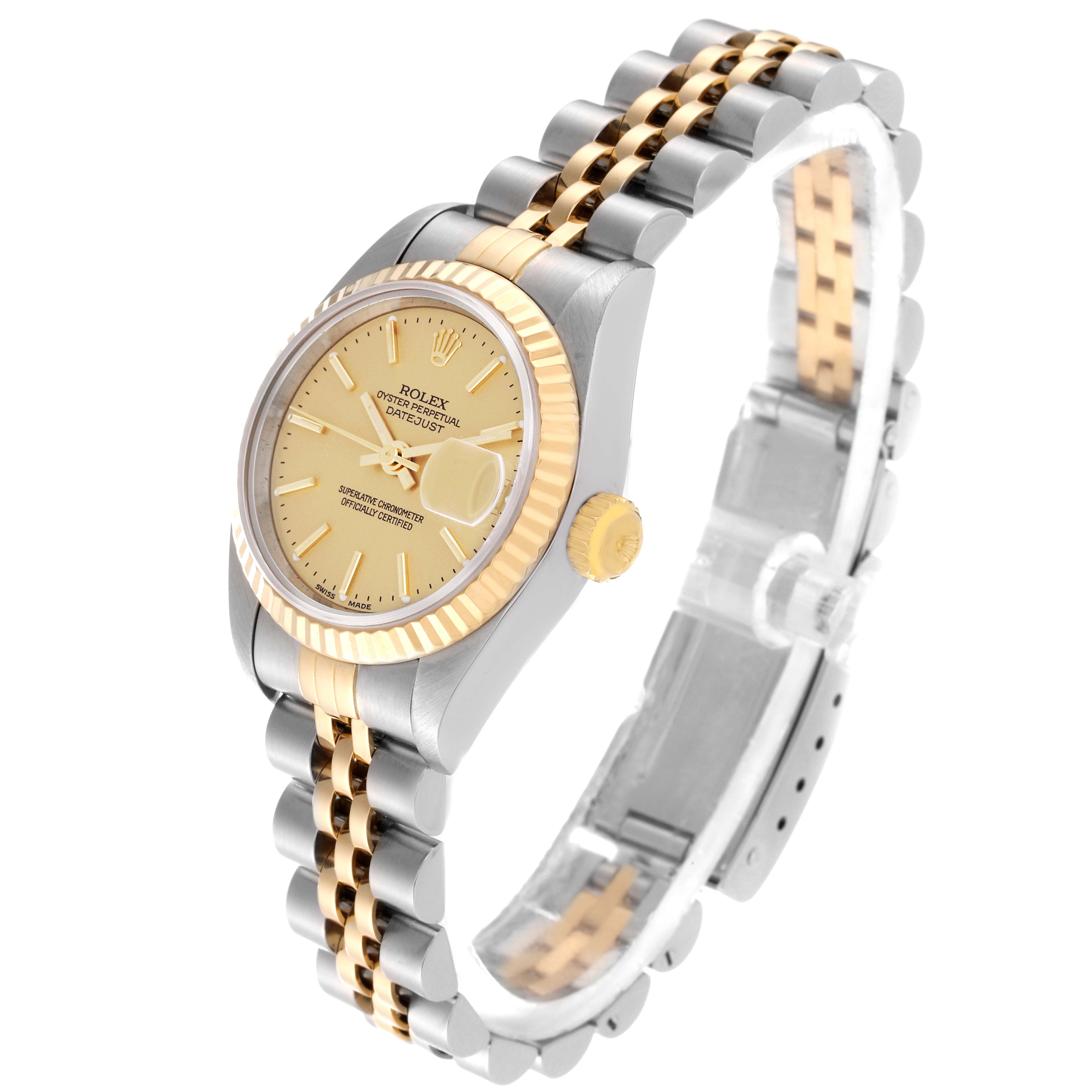The Rolex Datejust 79173 Women's Steel and Gold (two tone) Champagne Dial 79173 Women's Steel and Gold (two tone) Champagne Dial watch is shown at a 3/4 angle, highlighting the dial, bezel, crown, and bracelet.