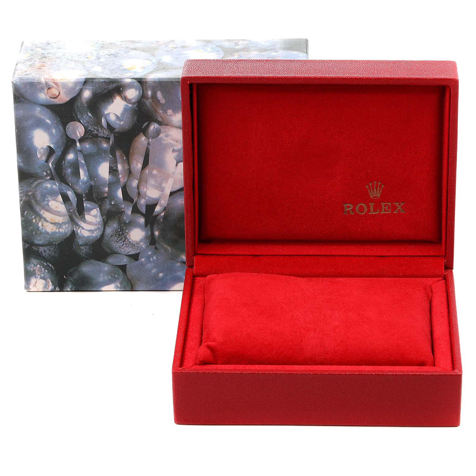 The image shows an open red Rolex watch box with the outer packaging for a Datejust model.