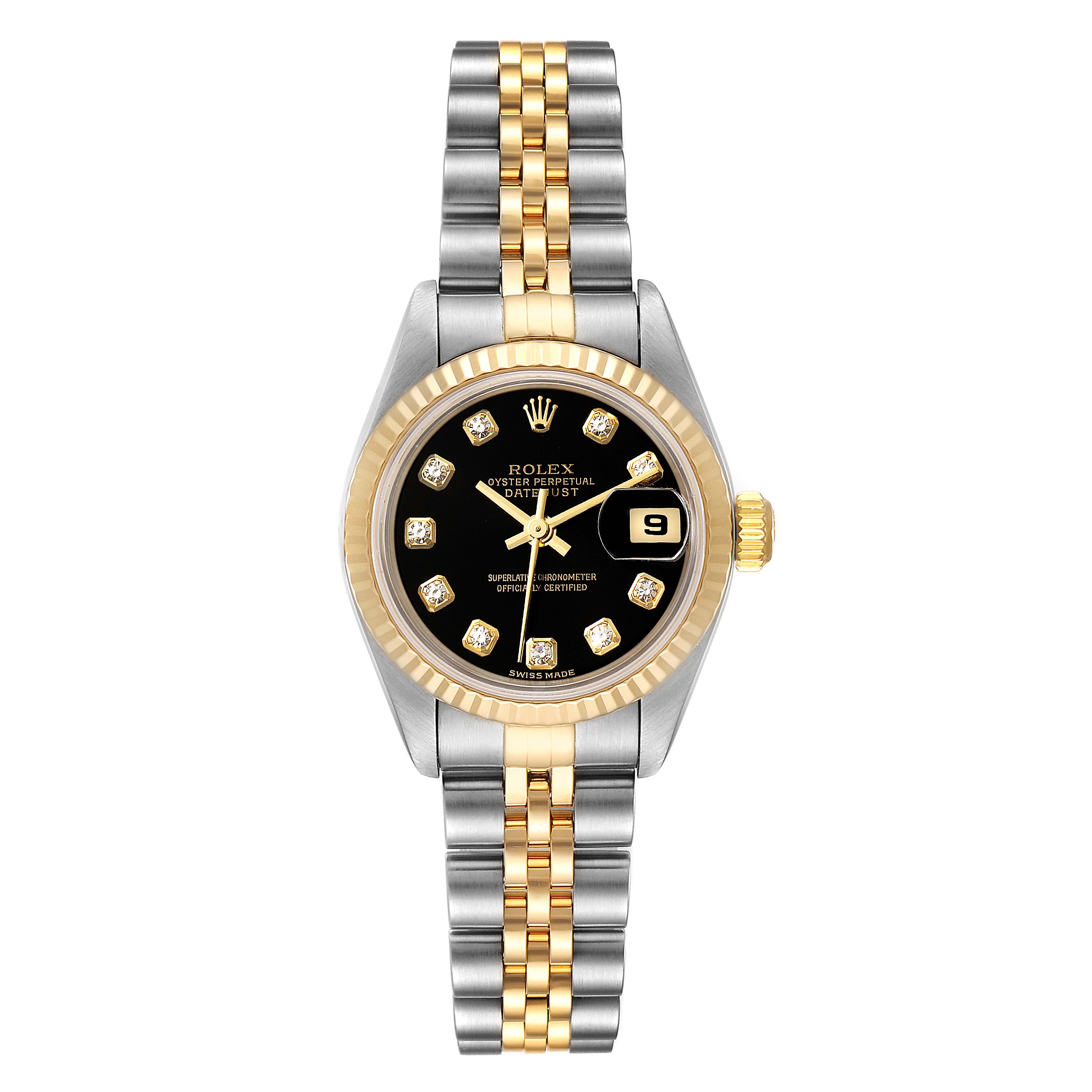 The image shows a Rolex Datejust 79173 Women's Steel and Gold (two tone) Black Dial 79173 Women's Steel and Gold (two tone) Black Dial watch from a front angle, highlighting its dial, bezel, and jubilee bracelet.