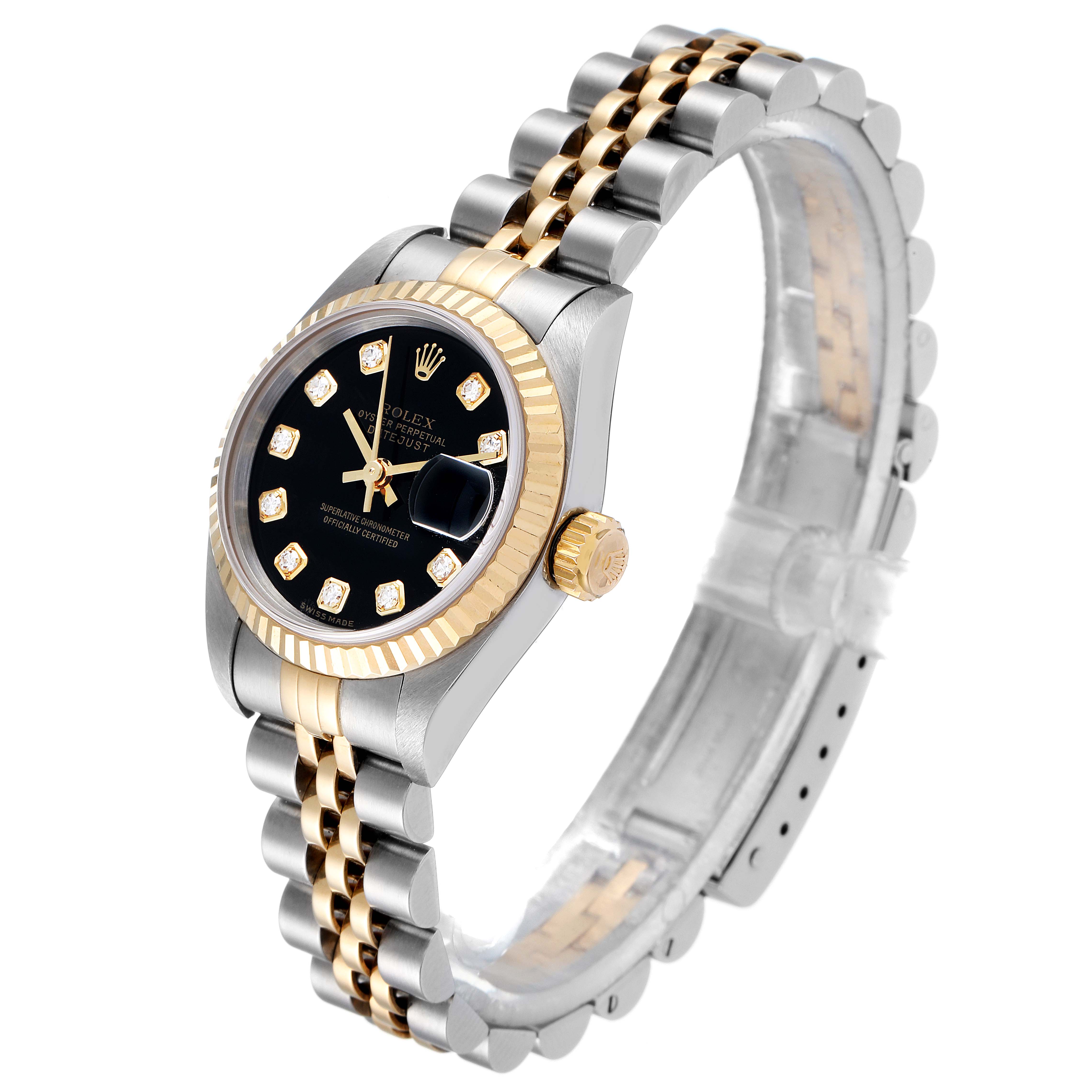 The image shows a Rolex Datejust 79173 Women's Steel and Gold (two tone) Black Dial 79173 Women's Steel and Gold (two tone) Black Dial watch at a three-quarter angle, featuring its black dial, diamond hour markers, two-tone bracelet, and fluted bezel.