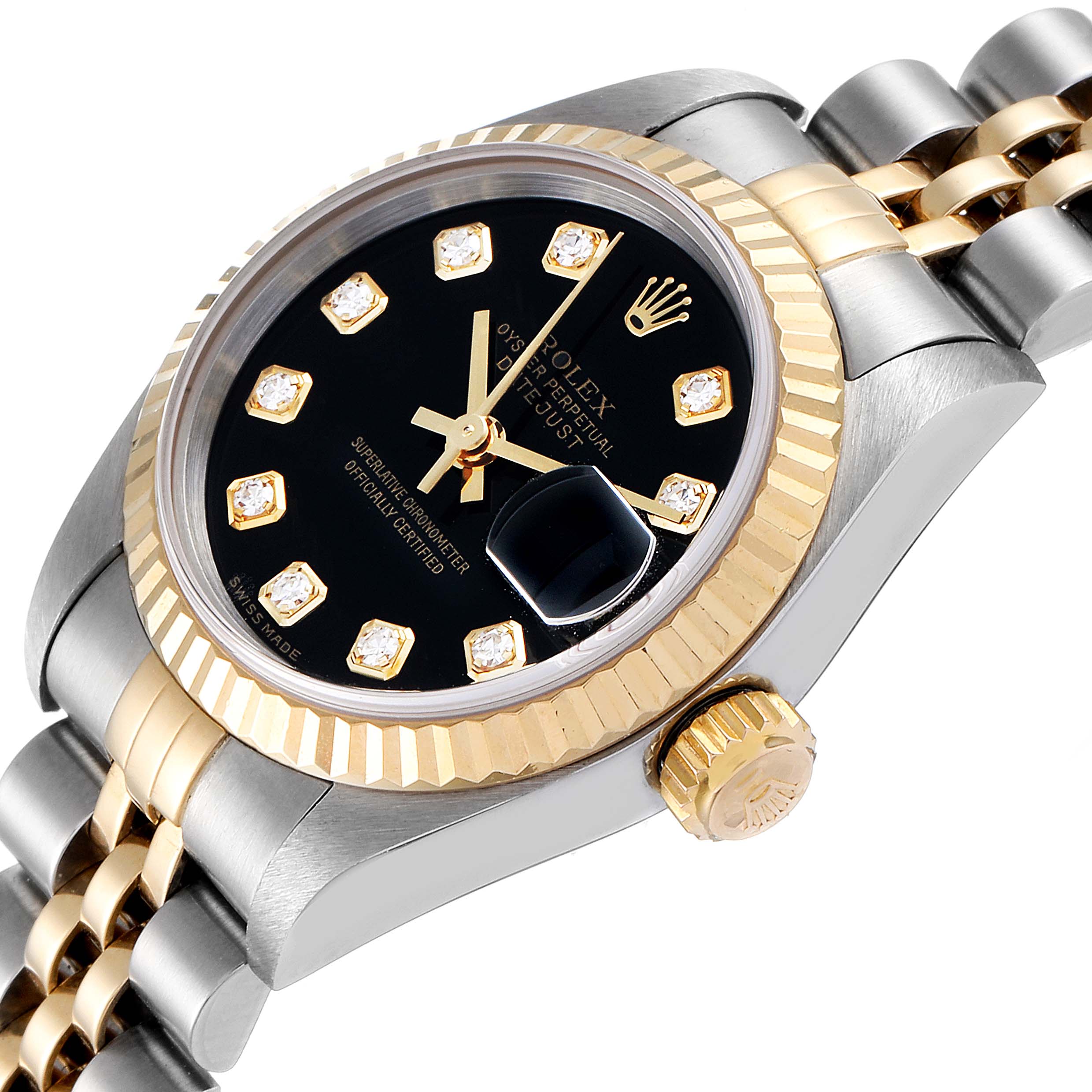 This image shows a close-up angled view of the Rolex Datejust 79173 Women's Steel and Gold (two tone) Black Dial 79173 Women's Steel and Gold (two tone) Black Dial watch, highlighting the dial, bezel, crown, and part of the bracelet.