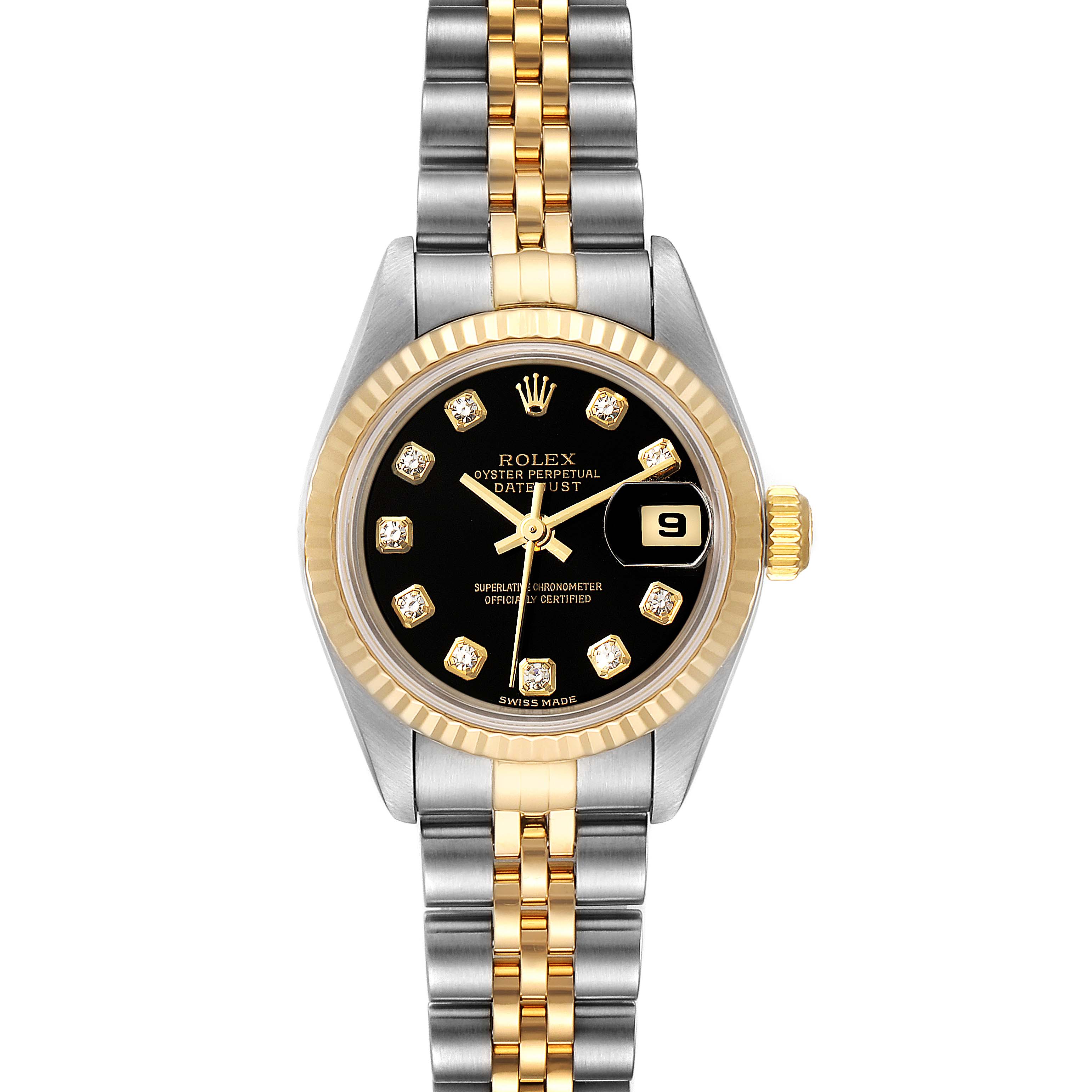 The image shows a front view of the Rolex Datejust 79173 Women's Steel and Gold (two tone) Black Dial 79173 Women's Steel and Gold (two tone) Black Dial watch, featuring a two-tone bracelet, black dial, and diamond hour markers.