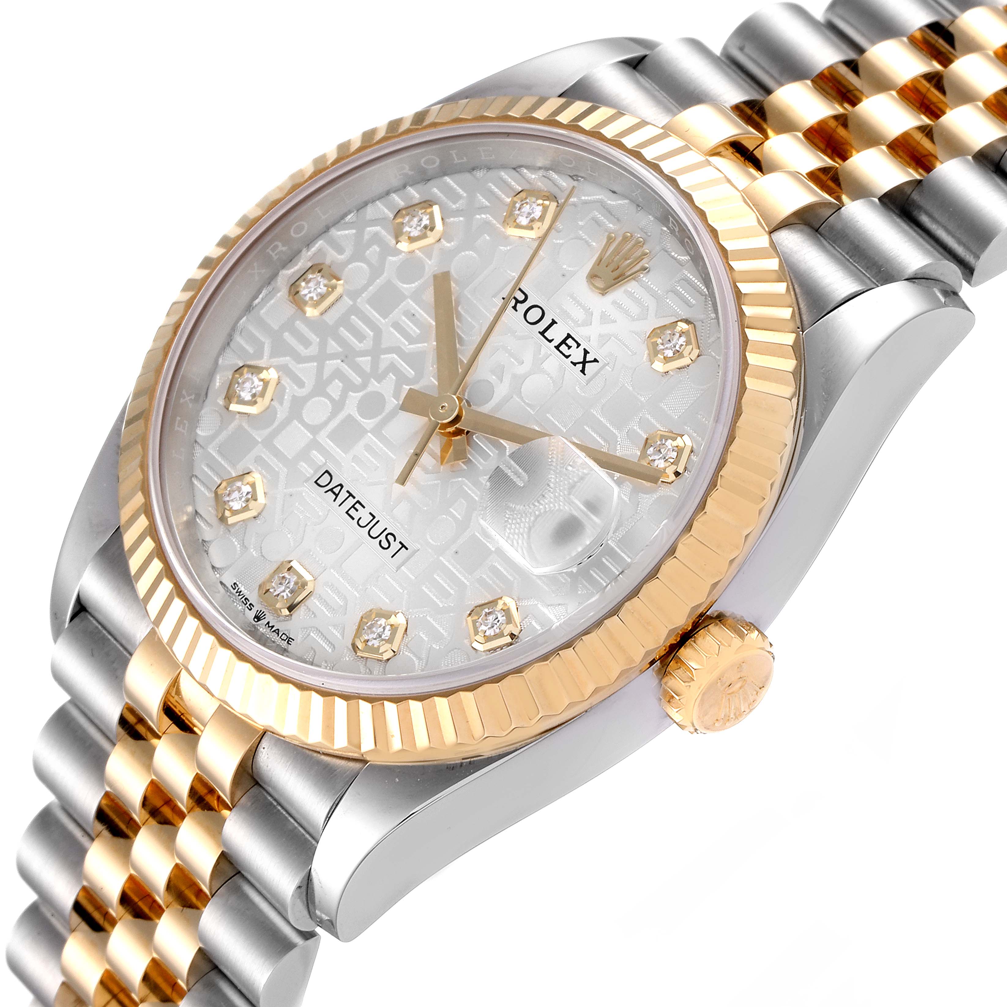 The image shows a close-up view of the dial, bezel, and bracelet of the Rolex Datejust 126233 Men's Steel and Gold (two tone) Silver Dial 126233 Men's Steel and Gold (two tone) Silver Dial watch.