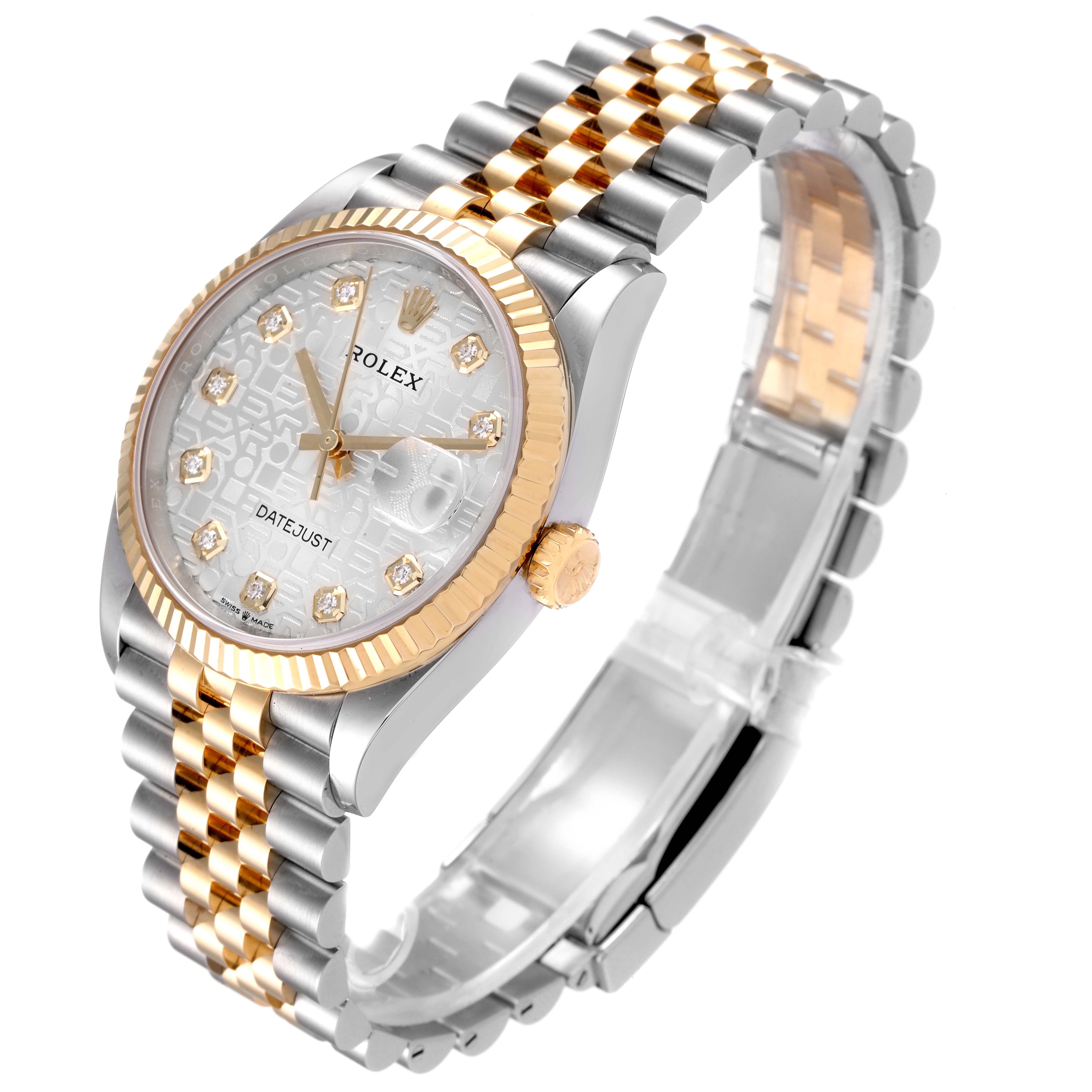 The image shows a Rolex Datejust 126233 Men's Steel and Gold (two tone) Silver Dial 126233 Men's Steel and Gold (two tone) Silver Dial watch at an angled view, featuring a mixed metal bracelet, fluted bezel, and diamond hour markers.