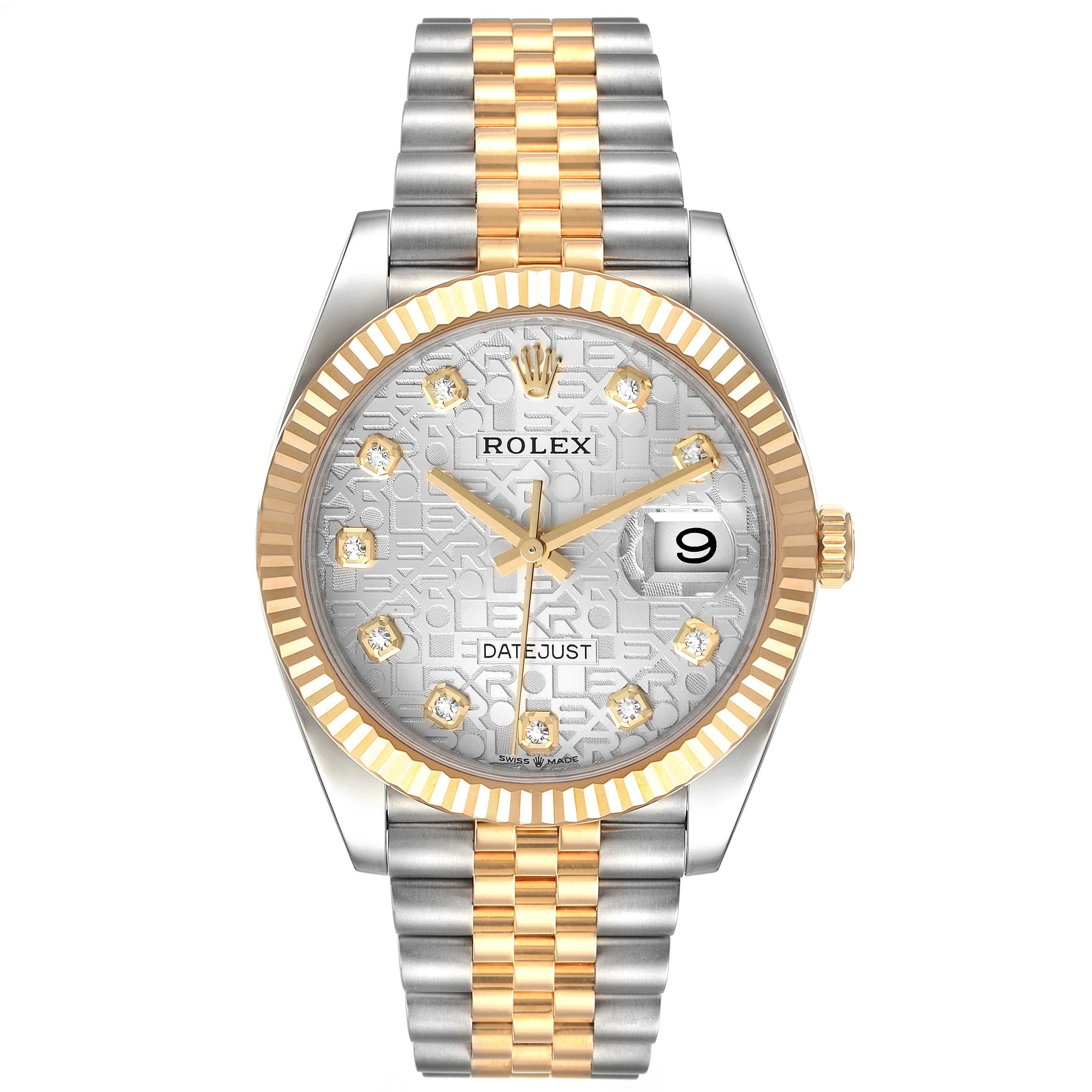 The image shows a Rolex Datejust 126233 Men's Steel and Gold (two tone) Silver Dial 126233 Men's Steel and Gold (two tone) Silver Dial model watch from a front angle, highlighting the face, bezel, and bracelet.