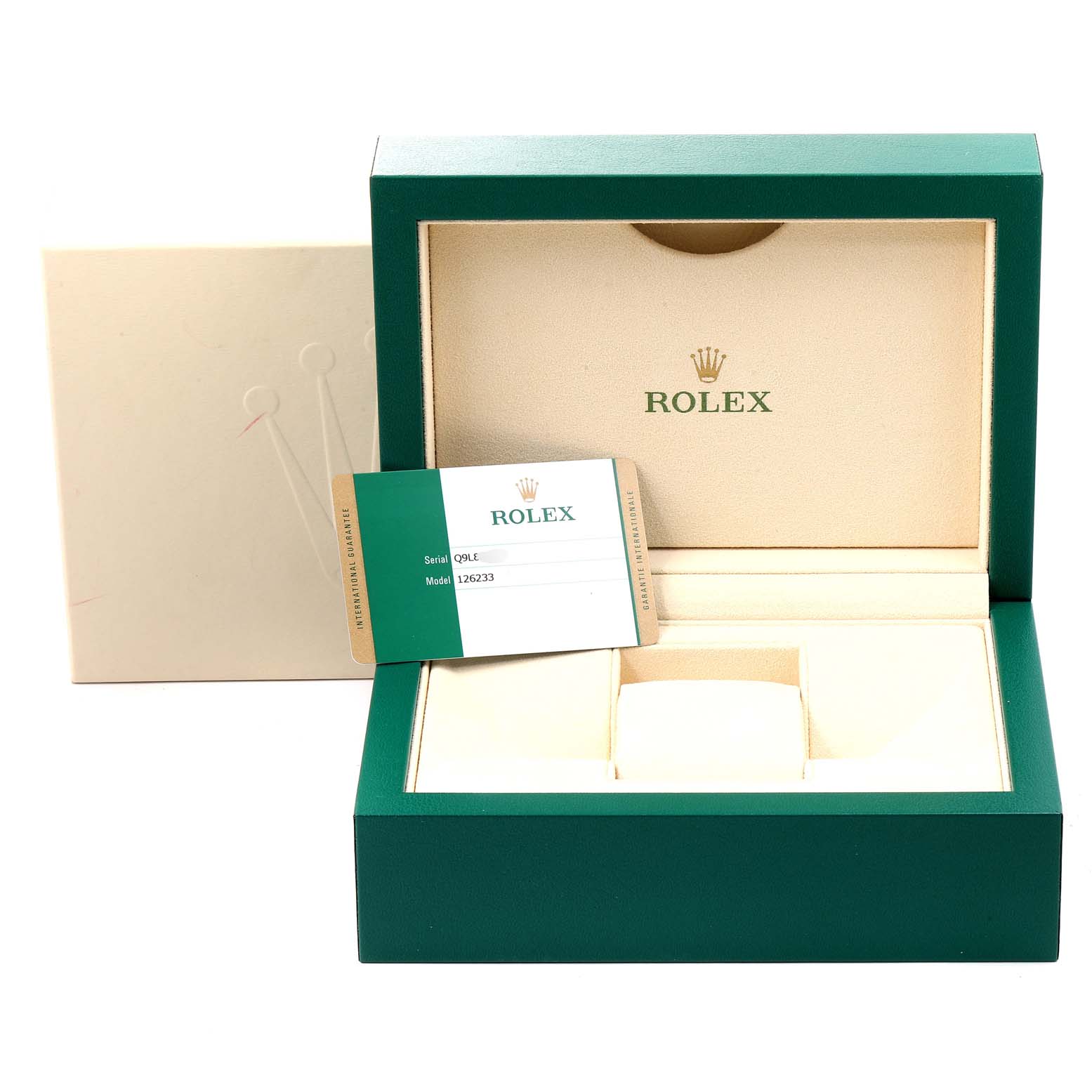 This image shows a Rolex Datejust 126233 Men's Steel and Gold (two tone) Silver Dial 126233 Men's Steel and Gold (two tone) Silver Dial watch box, open to reveal the interior packaging and warranty card.