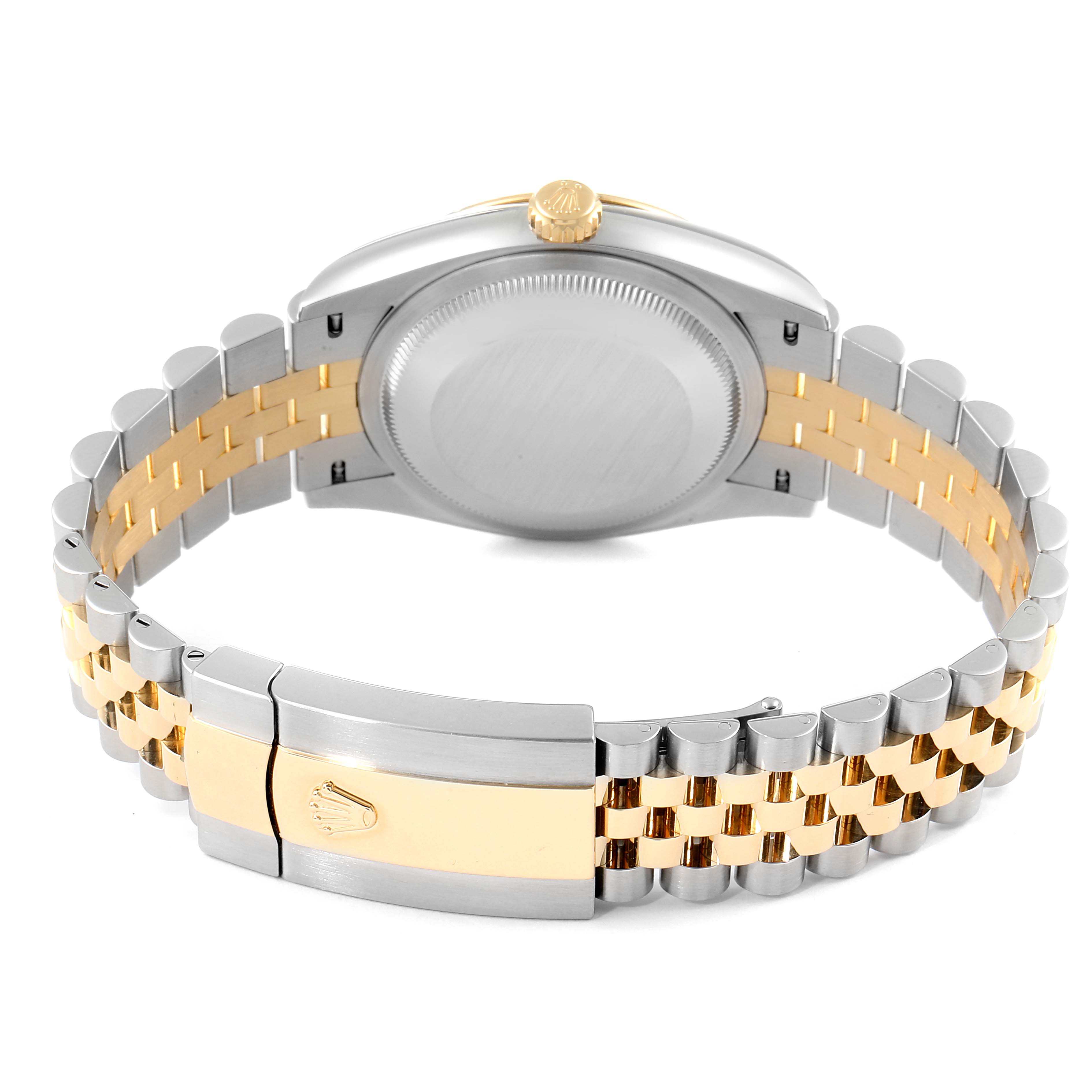 The image shows the back and bracelet of a Rolex Datejust 126233 Men's Steel and Gold (two tone) Silver Dial 126233 Men's Steel and Gold (two tone) Silver Dial watch with a two-tone metal finish and the clasp in focus.