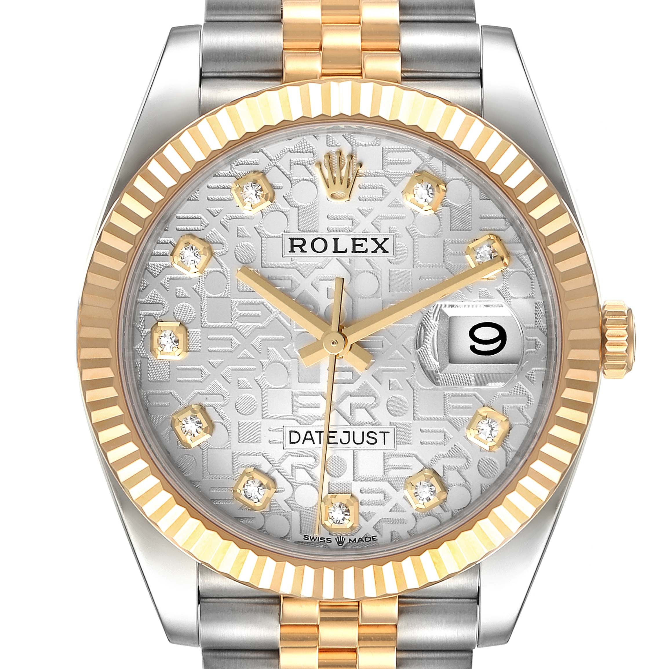 This Rolex Datejust 126233 Men's Steel and Gold (two tone) Silver Dial 126233 Men's Steel and Gold (two tone) Silver Dial watch is shown from a frontal angle, highlighting the dial, bezel, and part of the bracelet.