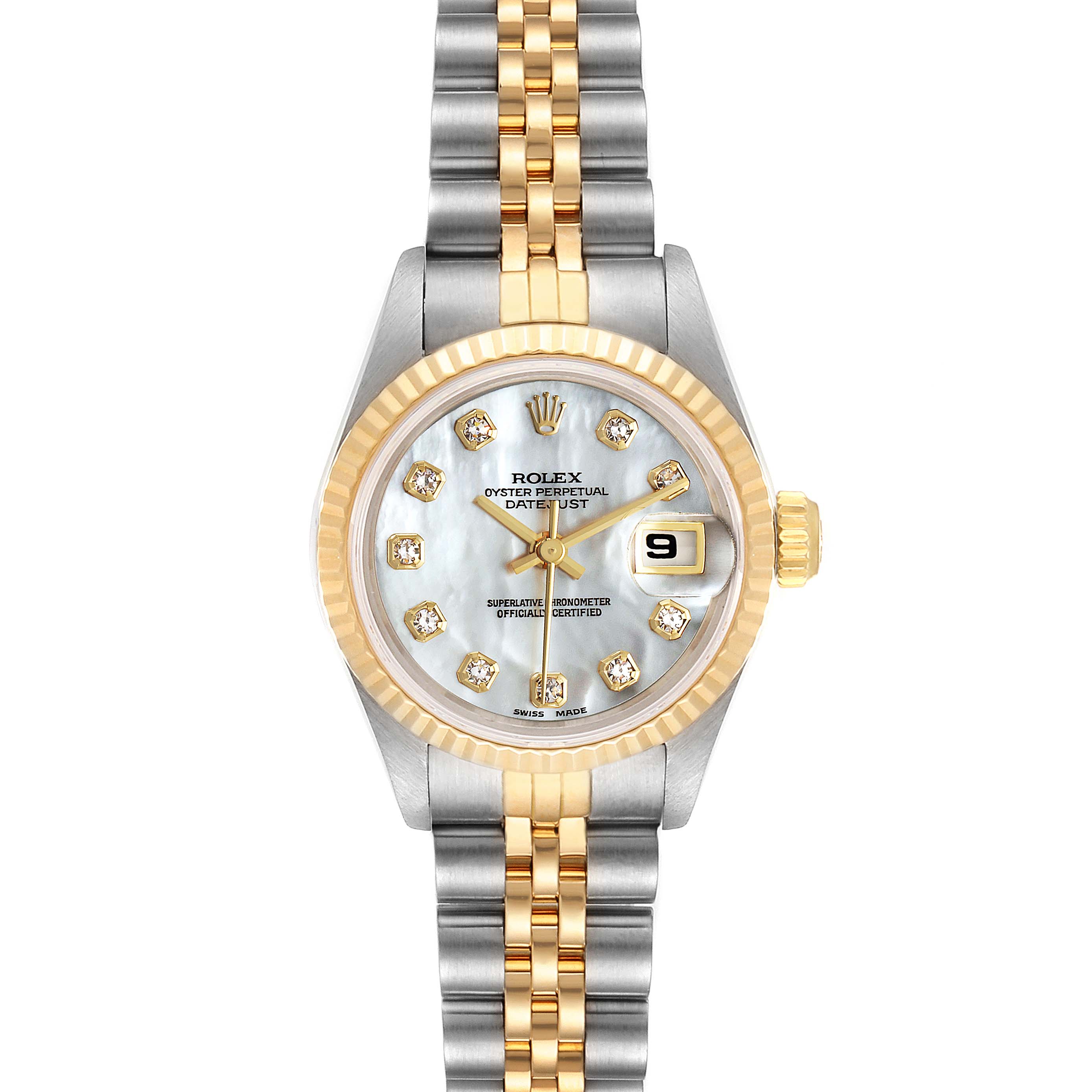 This image shows a Rolex Datejust 69173 Women's Steel and Gold (two tone) Mother of Pearl Dial 69173 Women's Steel and Gold (two tone) Mother of Pearl Dial watch from a front angle, highlighting its dial, bezel, and bracelet.