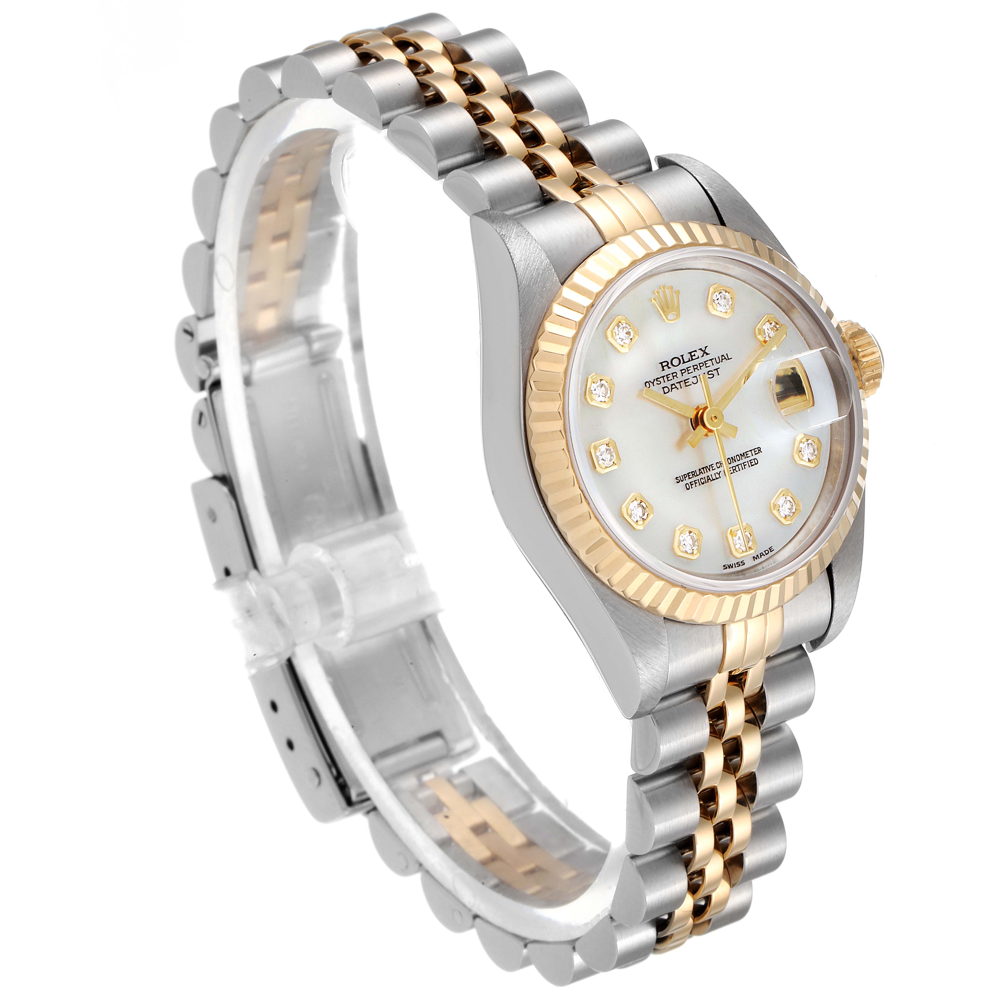 This image shows a Rolex Datejust 69173 Women's Steel and Gold (two tone) Mother of Pearl Dial 69173 Women's Steel and Gold (two tone) Mother of Pearl Dial watch at an angled view, highlighting its two-tone bracelet, fluted bezel, and diamond hour markers.