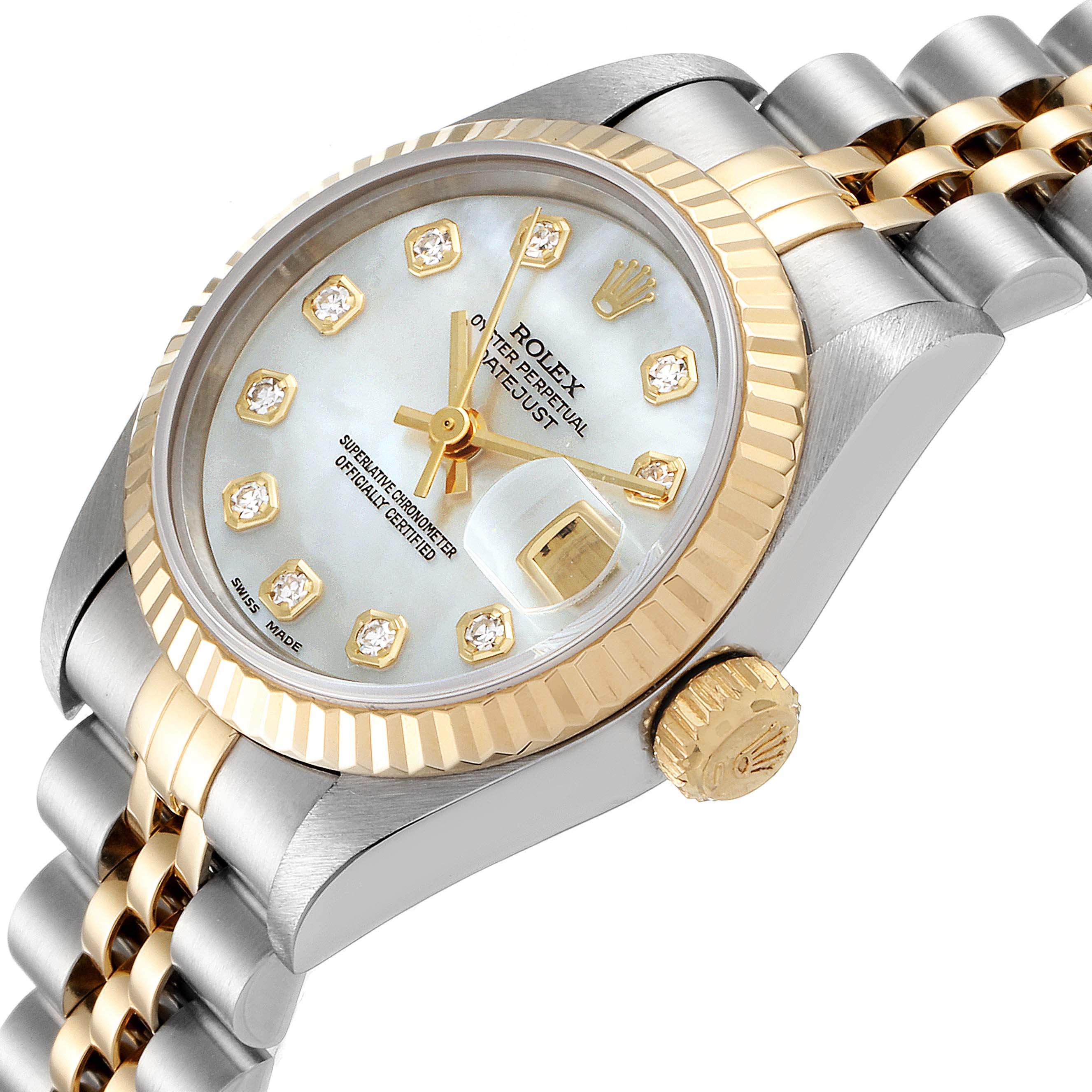 This image shows a close-up angled view of the Rolex Datejust 69173 Women's Steel and Gold (two tone) Mother of Pearl Dial 69173 Women's Steel and Gold (two tone) Mother of Pearl Dial watch, highlighting its dial, crown, and two-tone bracelet.