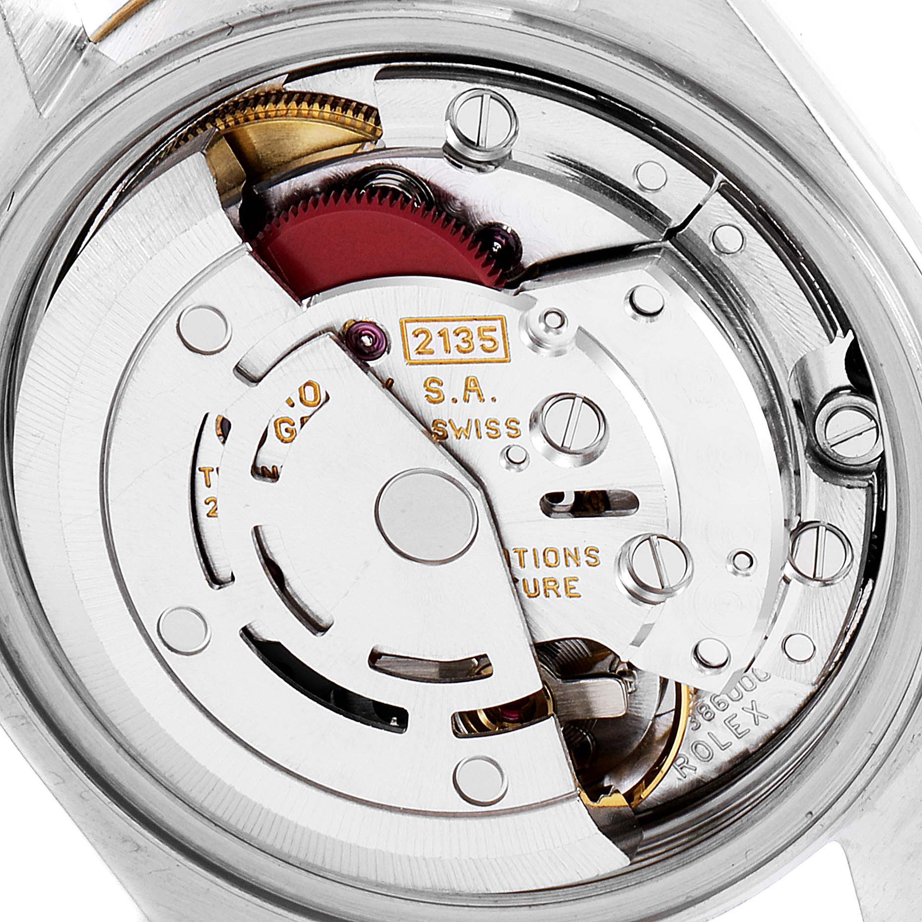 The image shows the internal mechanism of the Rolex Datejust 69173 Women's Steel and Gold (two tone) Mother of Pearl Dial 69173 Women's Steel and Gold (two tone) Mother of Pearl Dial watch, highlighting the movement and gears.