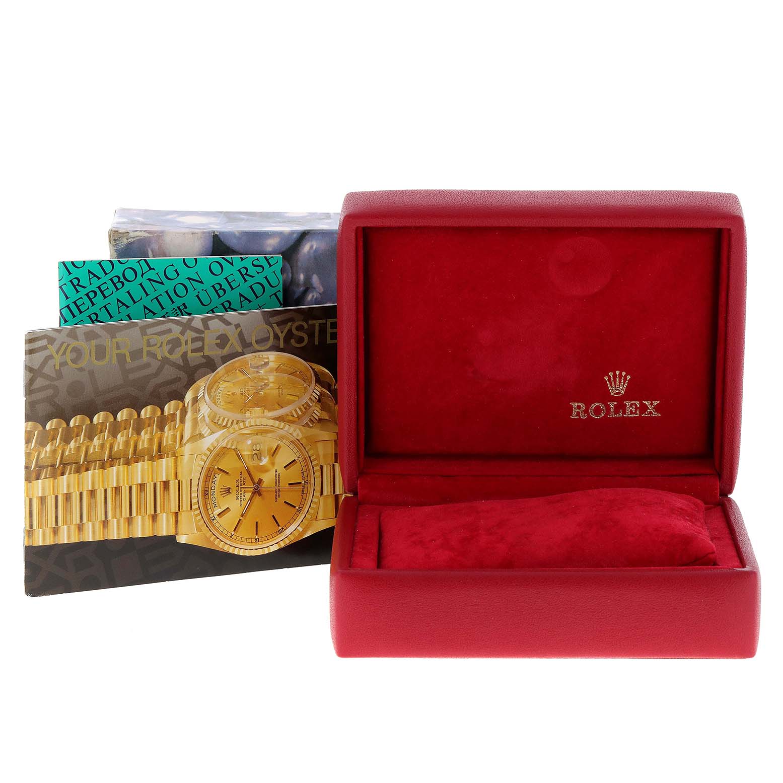 The image shows an empty Rolex Datejust 69173 Women's Steel and Gold (two tone) Mother of Pearl Dial 69173 Women's Steel and Gold (two tone) Mother of Pearl Dial watch box with additional packaging and accessories in the background.