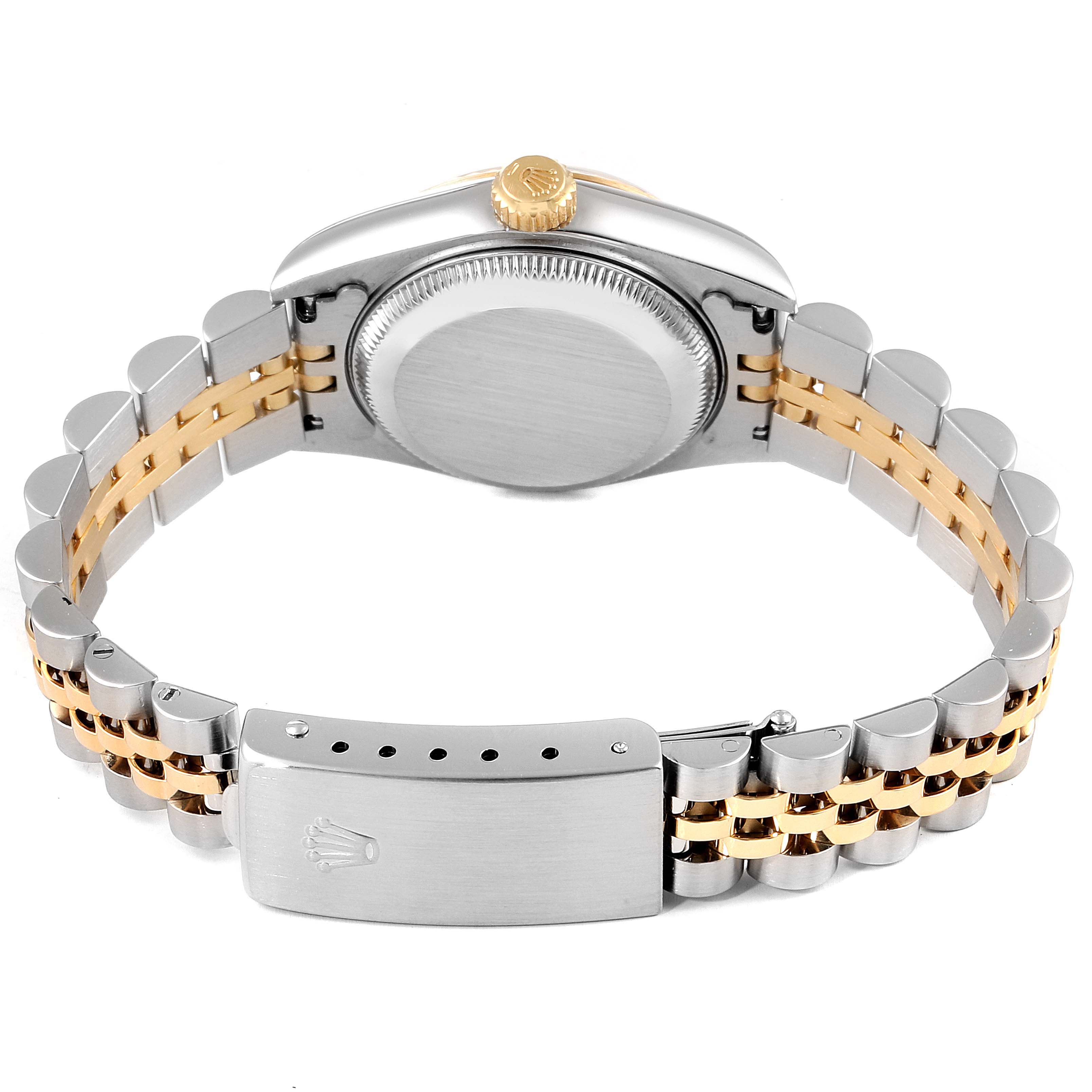 The image shows the back view of a Rolex Datejust 69173 Women's Steel and Gold (two tone) Mother of Pearl Dial 69173 Women's Steel and Gold (two tone) Mother of Pearl Dial watch, highlighting the case back, crown, and the two-tone metal bracelet, with the clasp.
