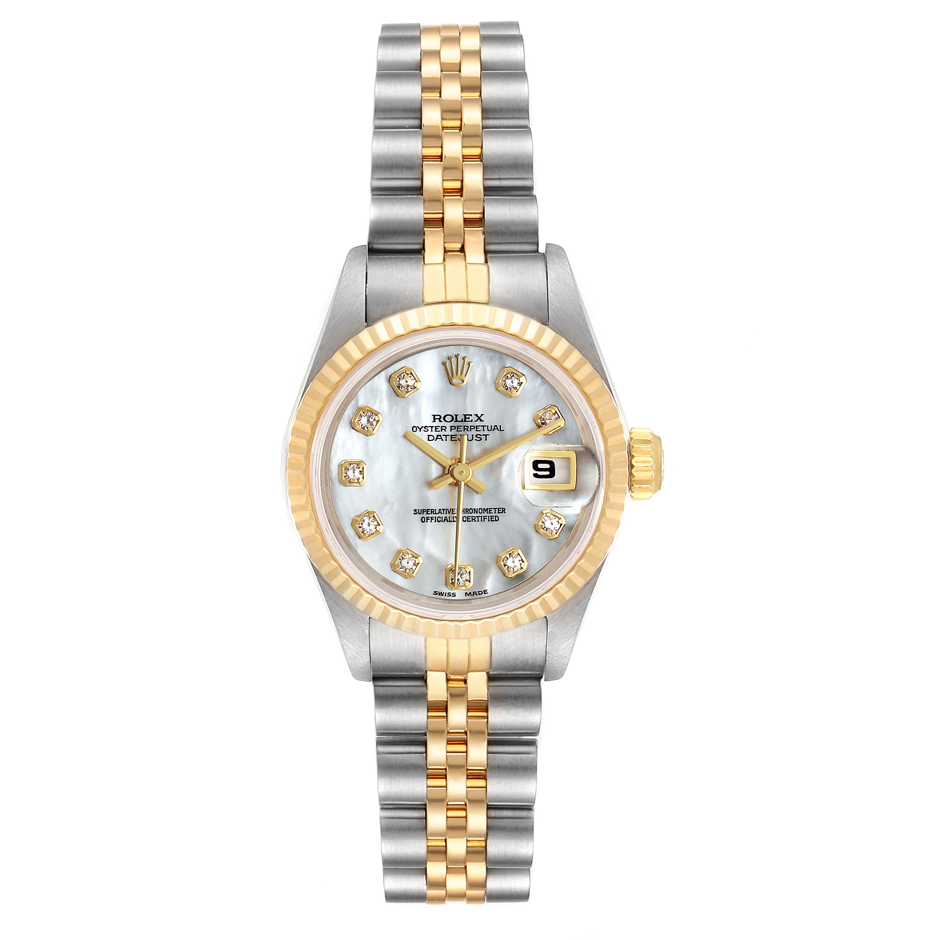 This image shows a front view of a Rolex Datejust 69173 Women's Steel and Gold (two tone) Mother of Pearl Dial 69173 Women's Steel and Gold (two tone) Mother of Pearl Dial watch, displaying its face, bezel, and bracelet.