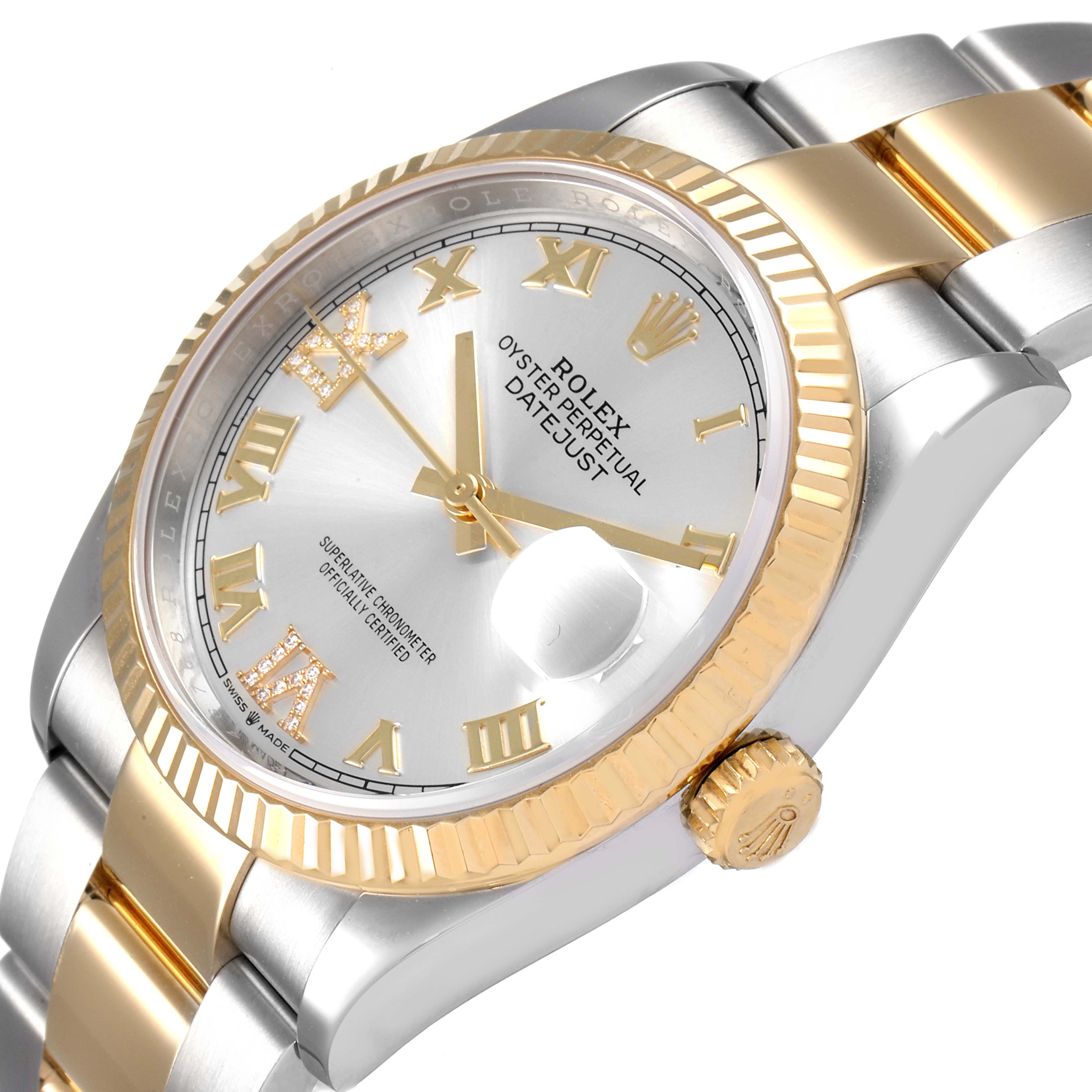 The Rolex Datejust 126233 Men's Steel and Gold (two tone) Silver Dial 126233 Men's Steel and Gold (two tone) Silver Dial watch is shown at a tilted angle, highlighting its dial, bezel, crown, and part of the bracelet.