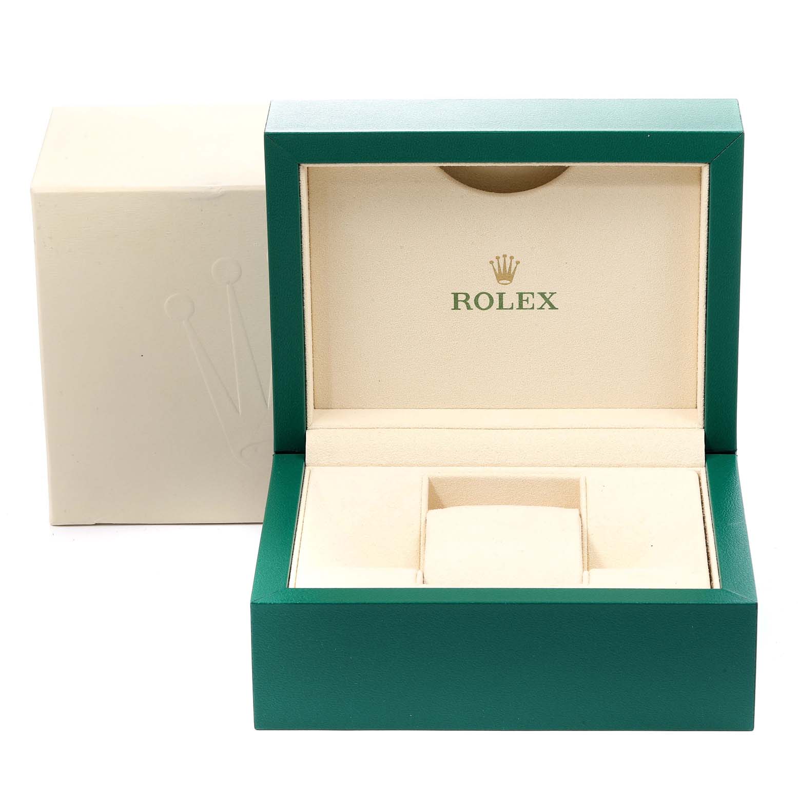 This image shows an empty green and beige Rolex watch box for the Datejust model, including the outer cover.